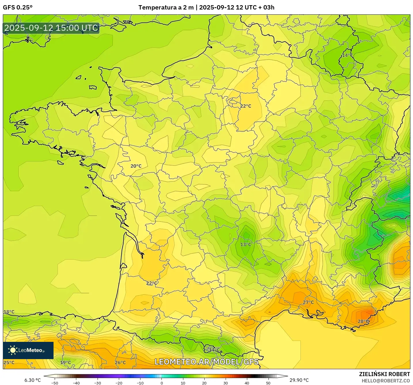 GFS model - Francia, Temperatura a 2 m GFS model - Francia, Temperatura a 2 m