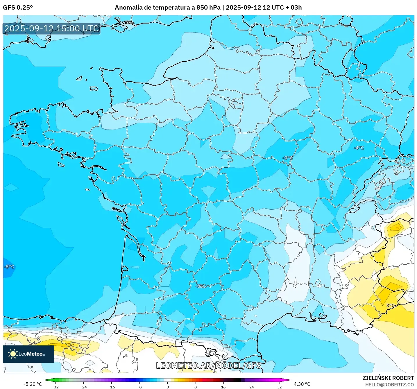 GFS model - Francia, Anomalía de temperatura a 850 hPa