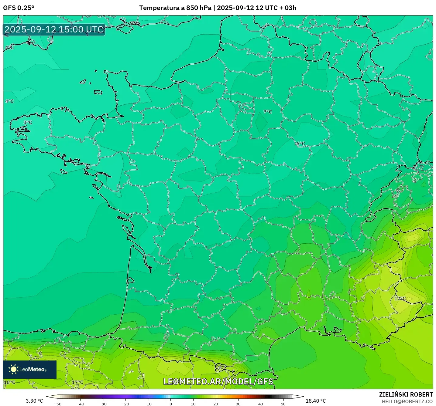 GFS model - Francia, Temperatura a 850 hPa