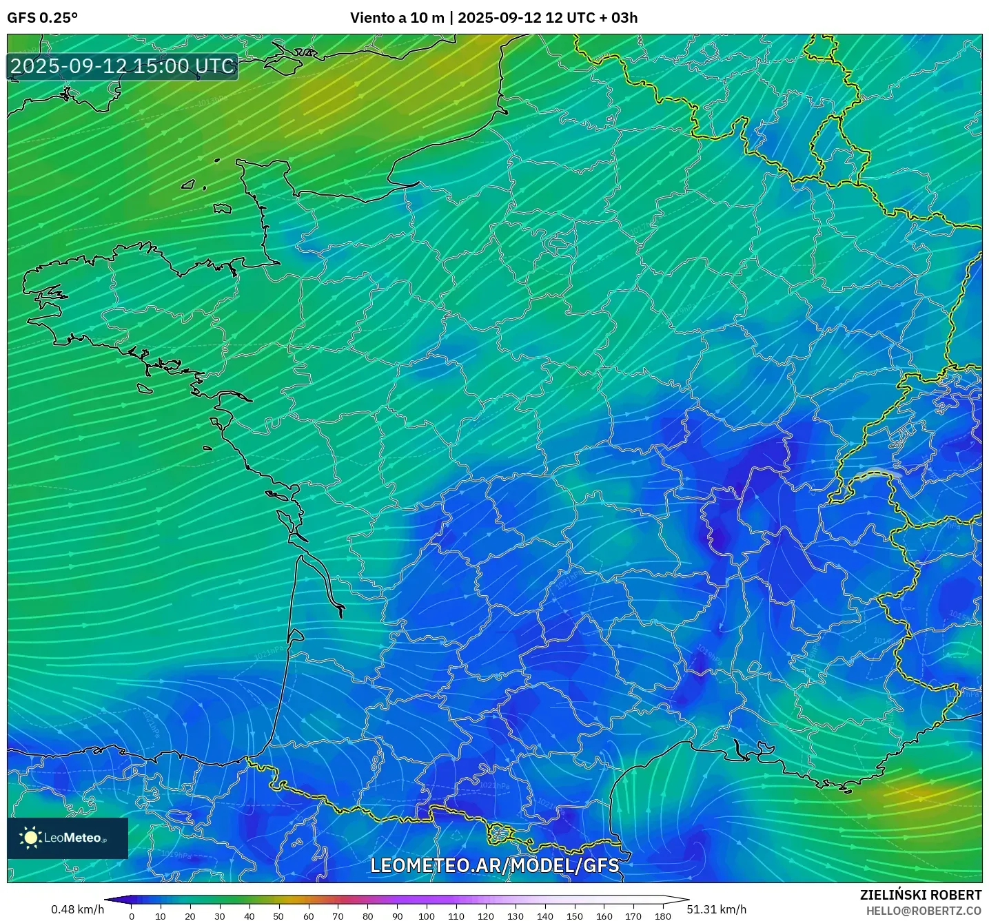 GFS model - Francia, Viento a 10 m GFS model - Francia, Viento a 10 m