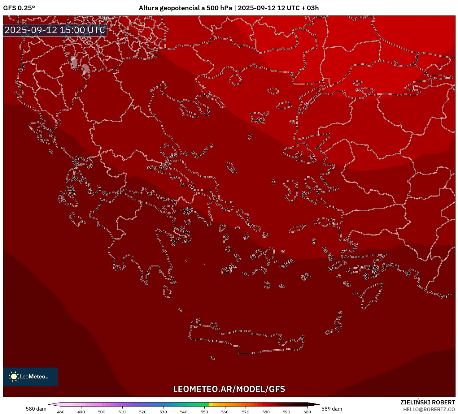 GFS model - Grecia, Altura geopotencial a 500 hPa