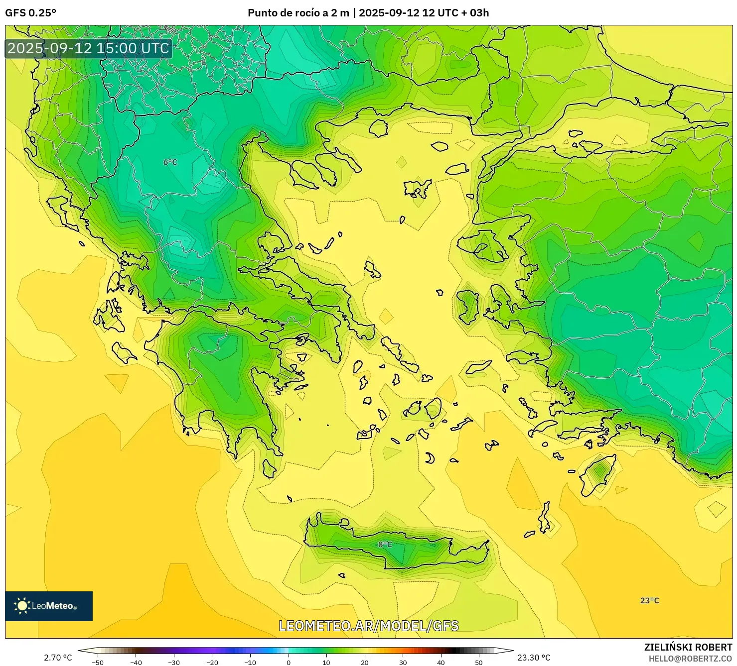GFS model - Grecia, Punto de rocío a 2 m GFS model - Grecia, Punto de rocío a 2 m