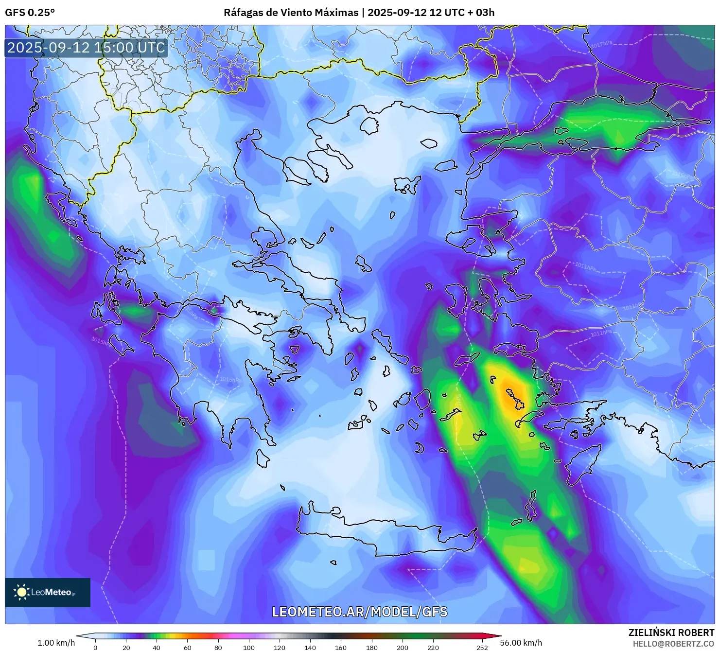 GFS model - Grecia, Ráfagas de Viento Máximas