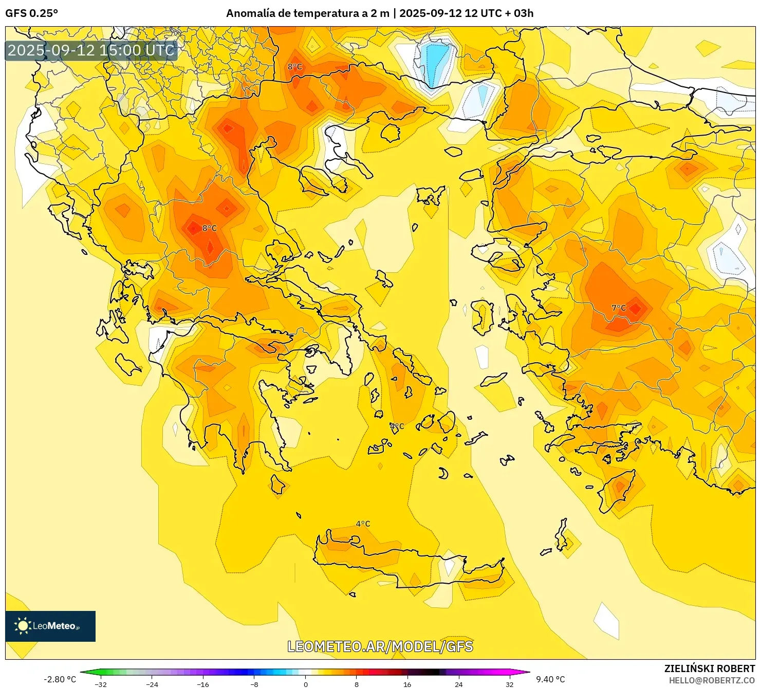 GFS model - Grecia, Anomalía de temperatura a 2 m GFS model - Grecia, Anomalía de temperatura a 2 m