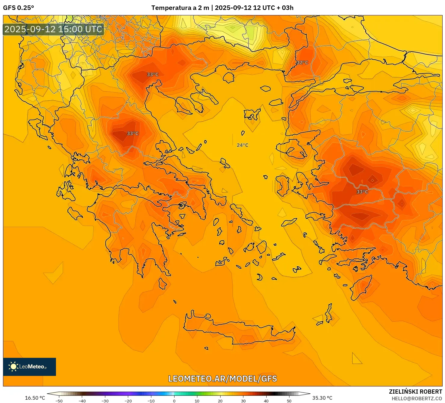 GFS model - Grecia, Temperatura a 2 m