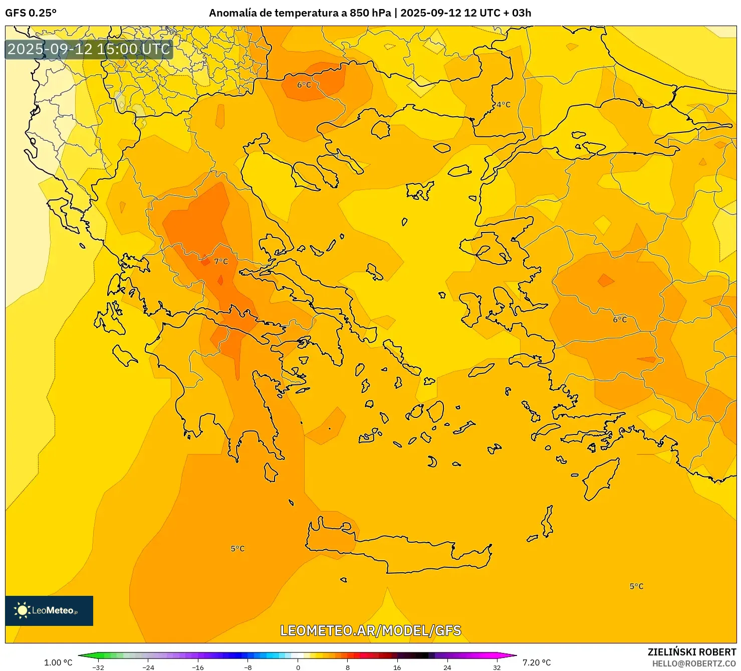 GFS model - Grecia, Anomalía de temperatura a 850 hPa