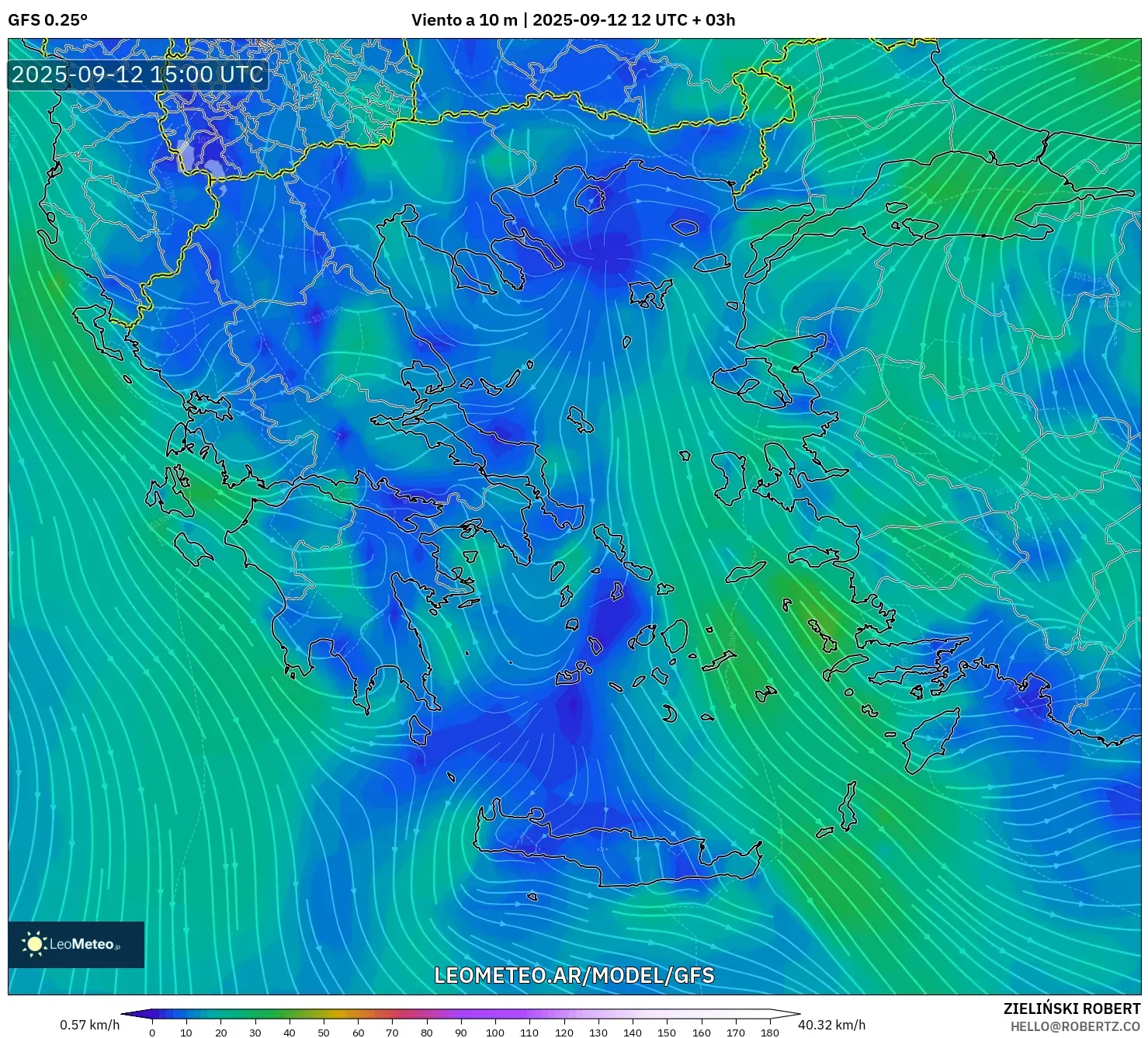 GFS model - Grecia, Viento a 10 m GFS model - Grecia, Viento a 10 m