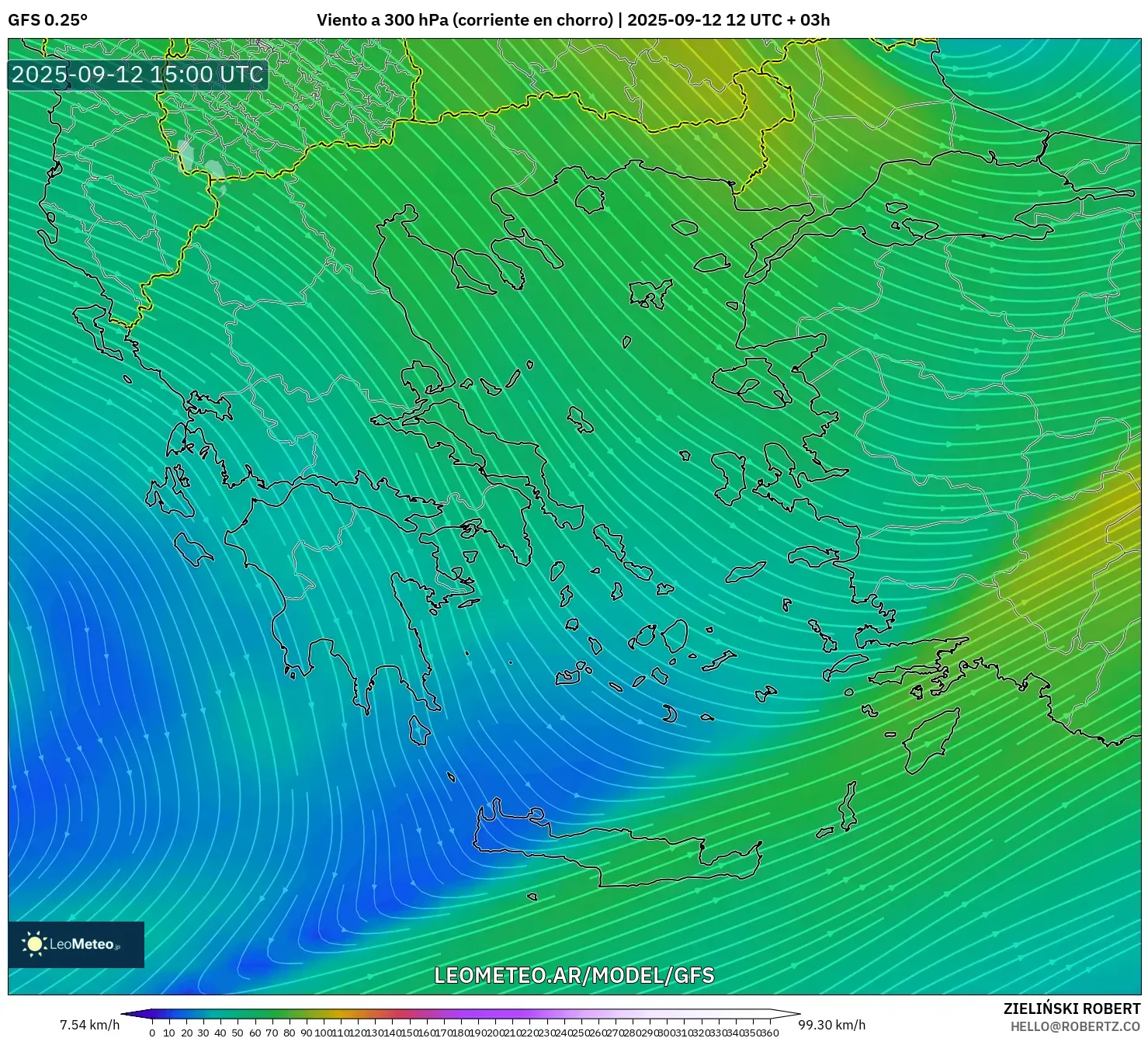 GFS model - Grecia, Viento a 300 hPa (corriente en chorro)