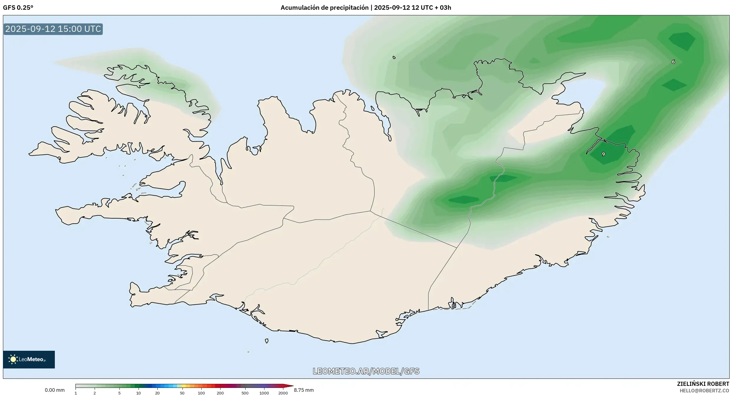 GFS model - Islandia, Acumulación de precipitación GFS model - Islandia, Acumulación de precipitación