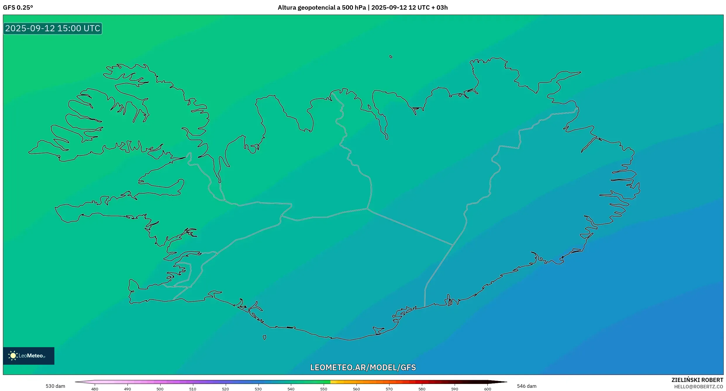 GFS model - Islandia, Altura geopotencial a 500 hPa