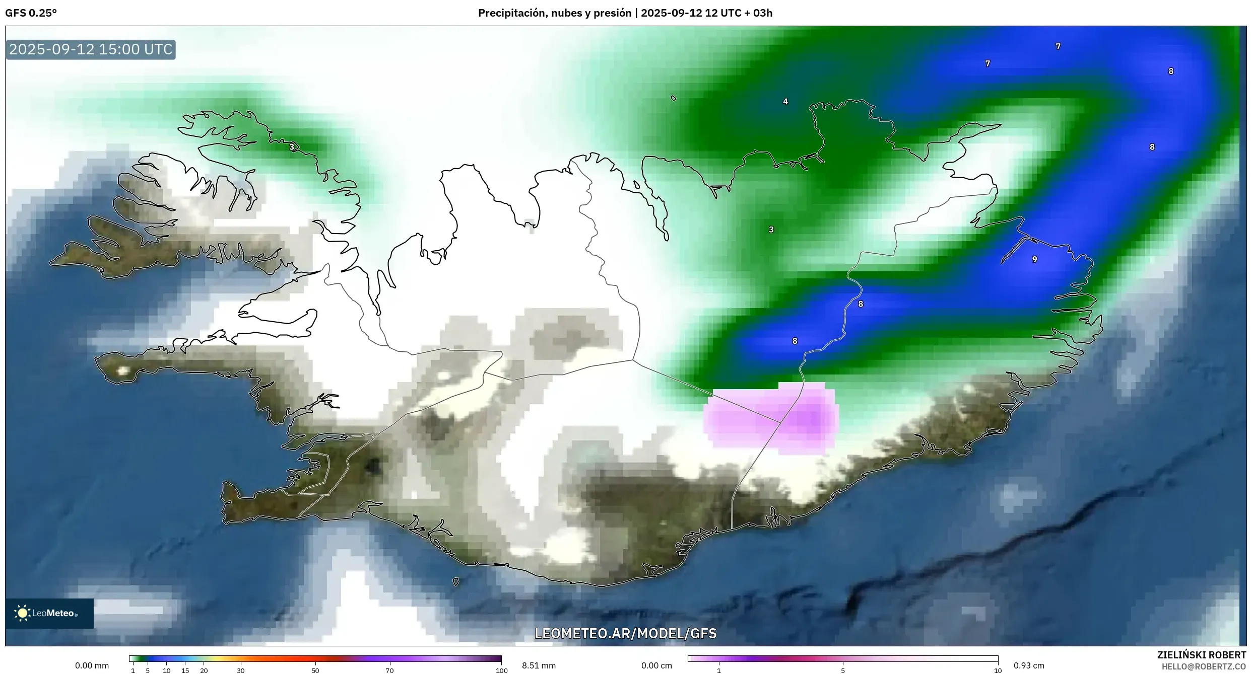 GFS model - Islandia, Precipitación, nubes y presión GFS model - Islandia, Precipitación, nubes y presión