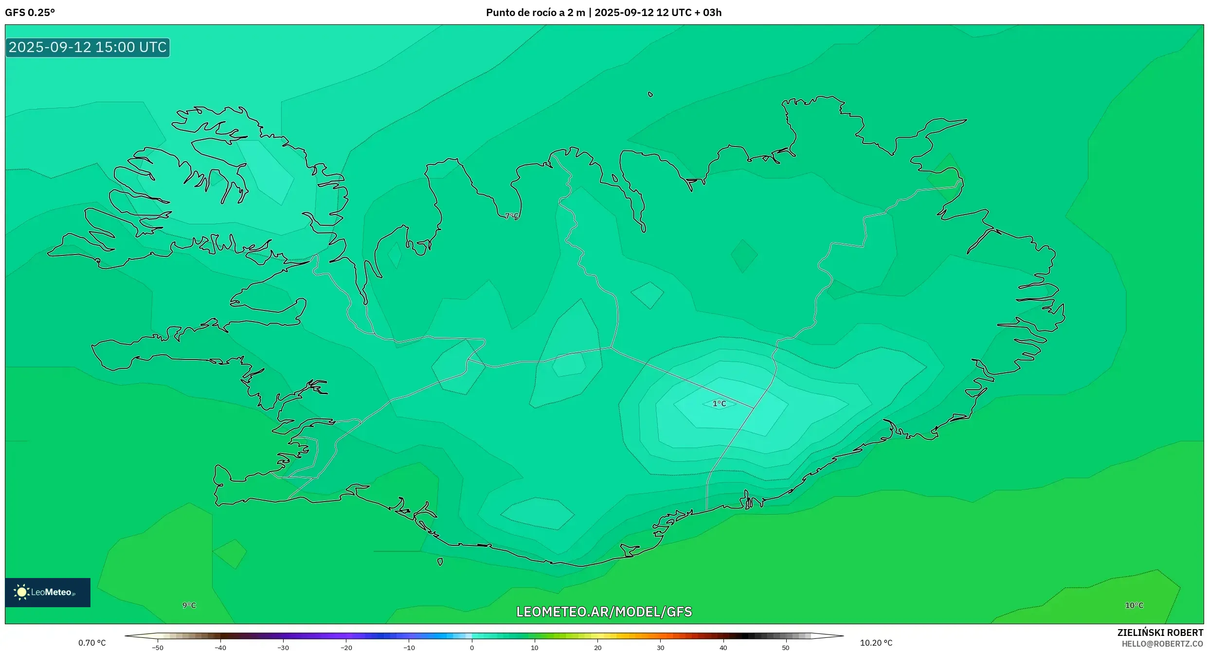 GFS model - Islandia, Punto de rocío a 2 m GFS model - Islandia, Punto de rocío a 2 m