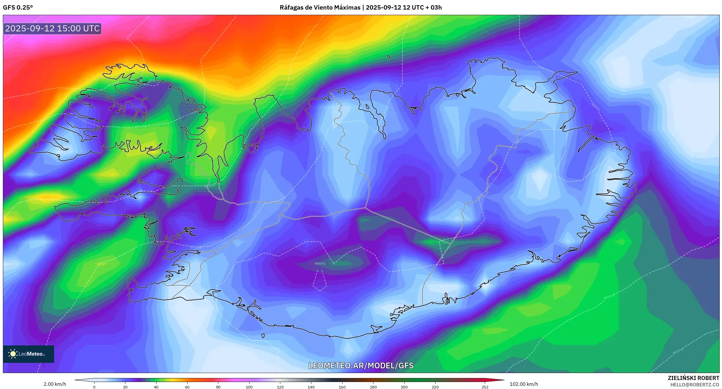 GFS model - Islandia, Ráfagas de Viento Máximas
