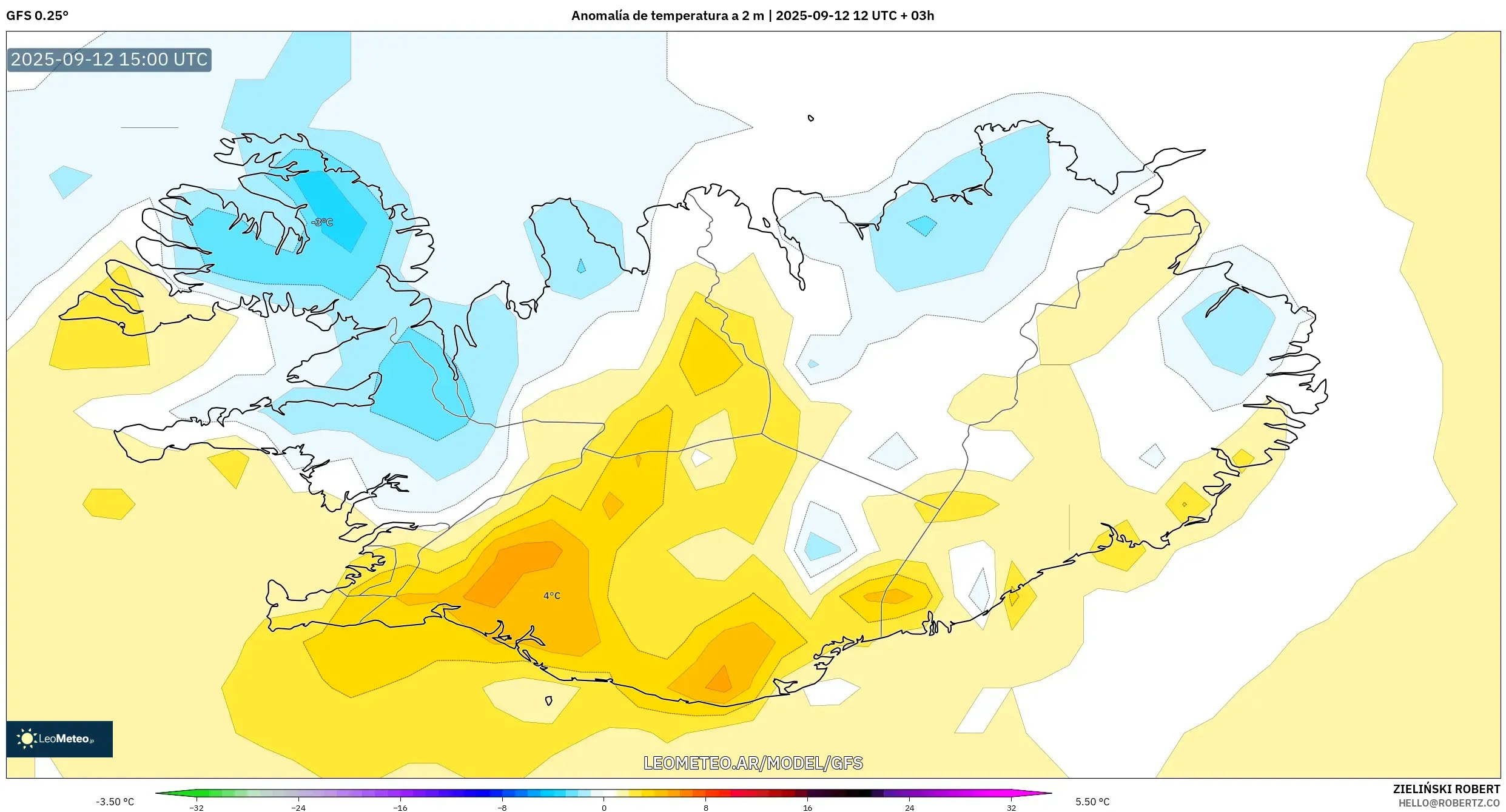 GFS model - Islandia, Anomalía de temperatura a 2 m GFS model - Islandia, Anomalía de temperatura a 2 m