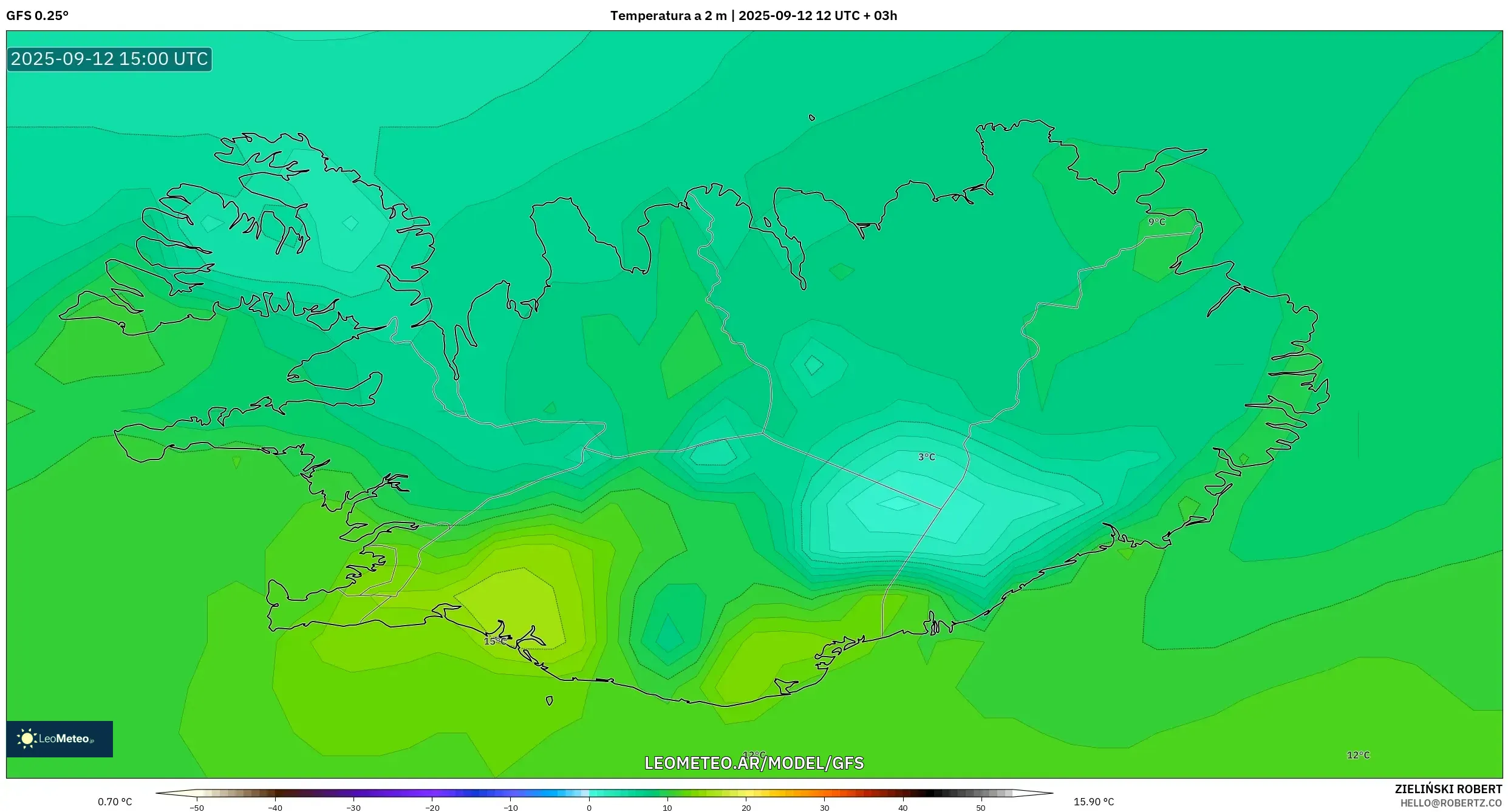 GFS model - Islandia, Temperatura a 2 m