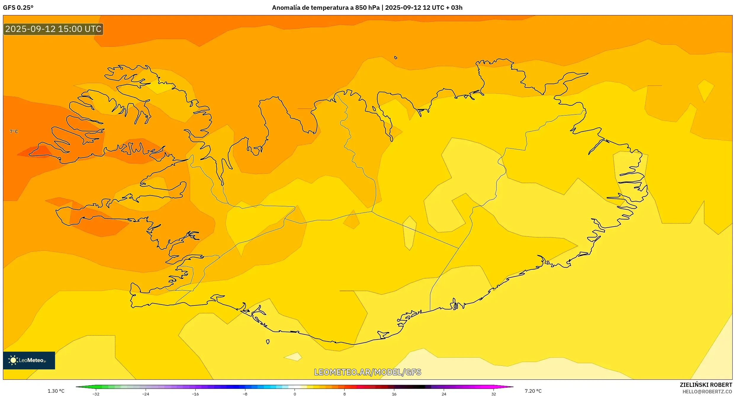 GFS model - Islandia, Anomalía de temperatura a 850 hPa GFS model - Islandia, Anomalía de temperatura a 850 hPa