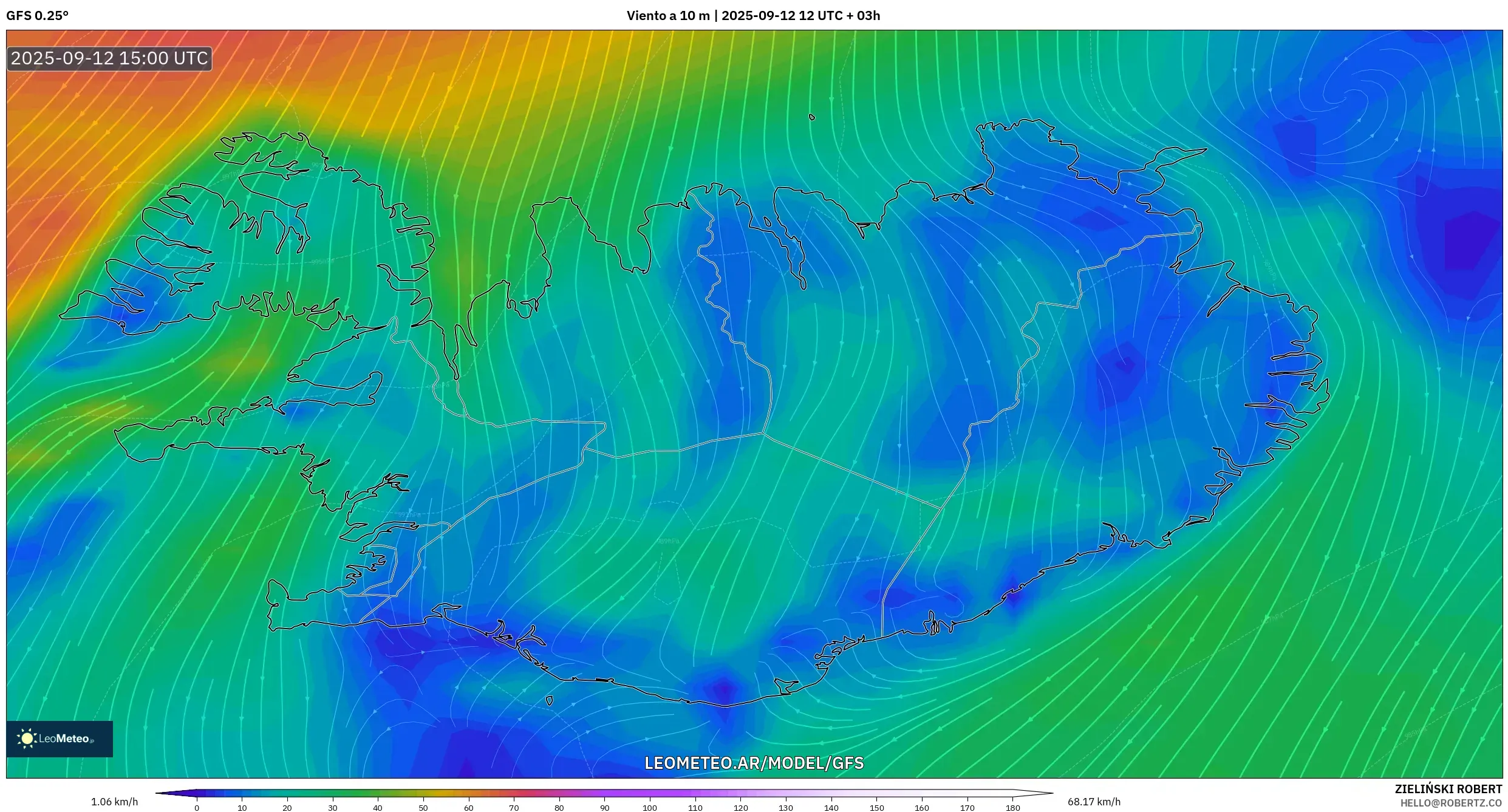 GFS model - Islandia, Viento a 10 m GFS model - Islandia, Viento a 10 m