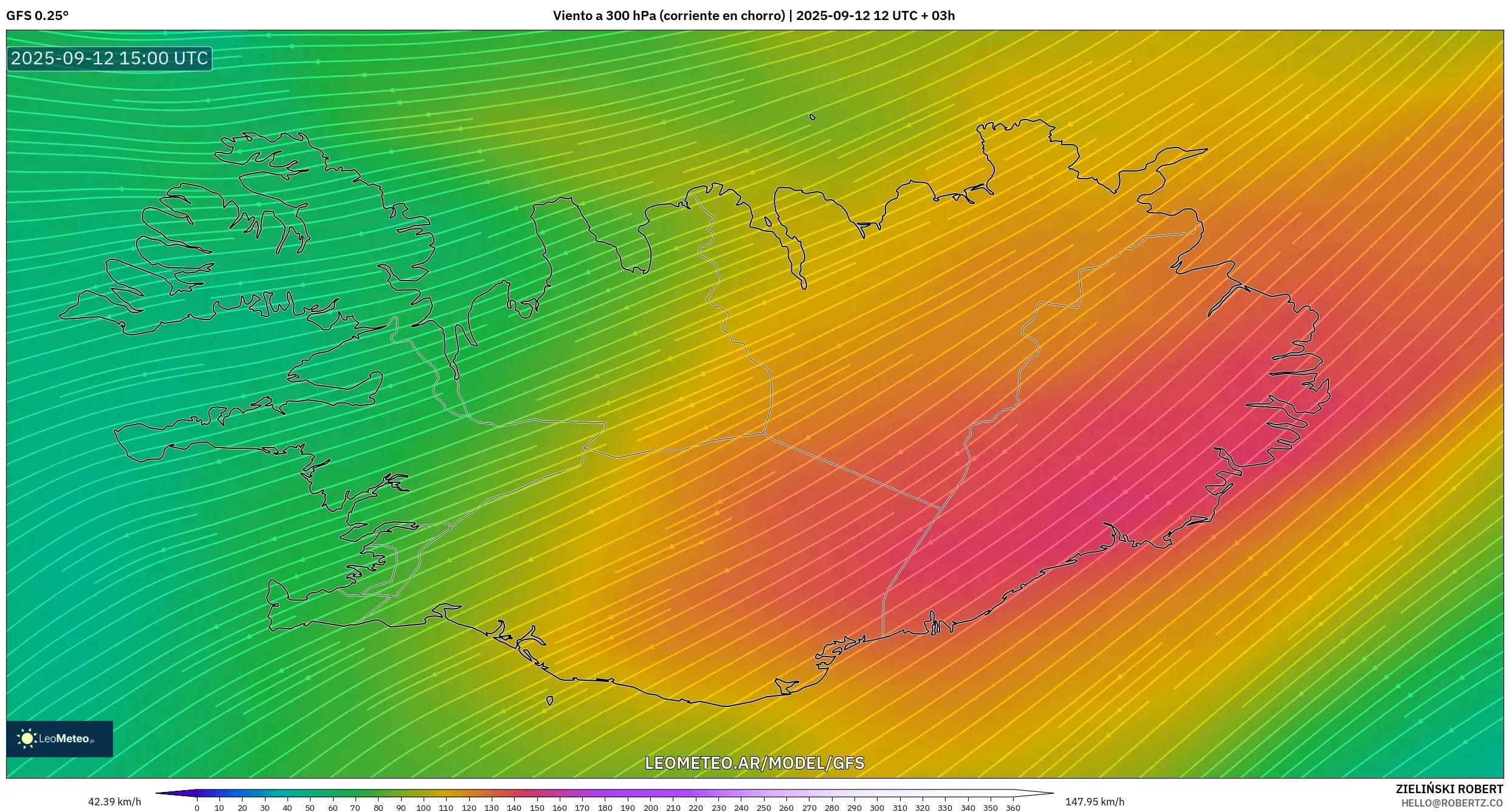 GFS model - Islandia, Viento a 300 hPa (corriente en chorro)