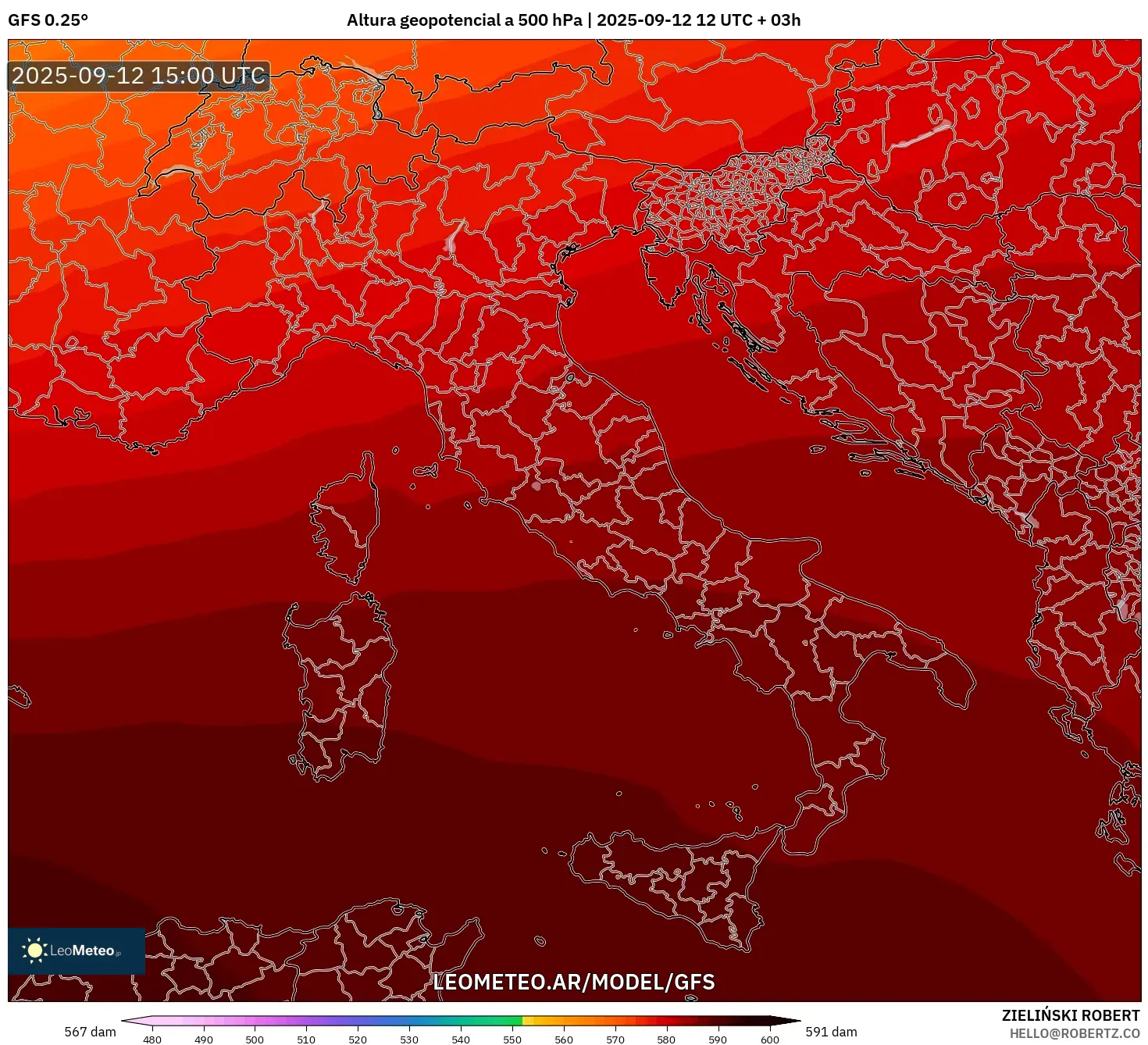 GFS model - Italia, Altura geopotencial a 500 hPa