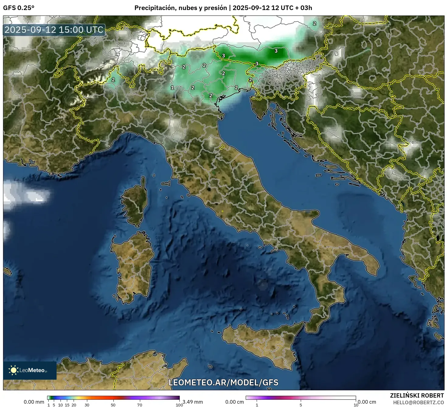GFS model - Italia, Precipitación, nubes y presión GFS model - Italia, Precipitación, nubes y presión