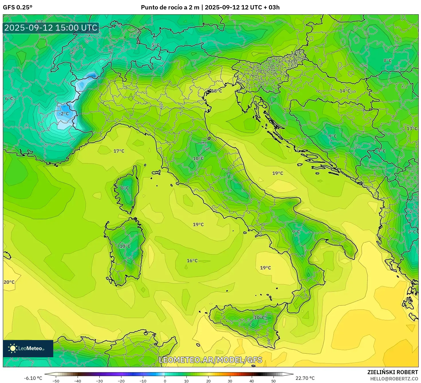 GFS model - Italia, Punto de rocío a 2 m GFS model - Italia, Punto de rocío a 2 m