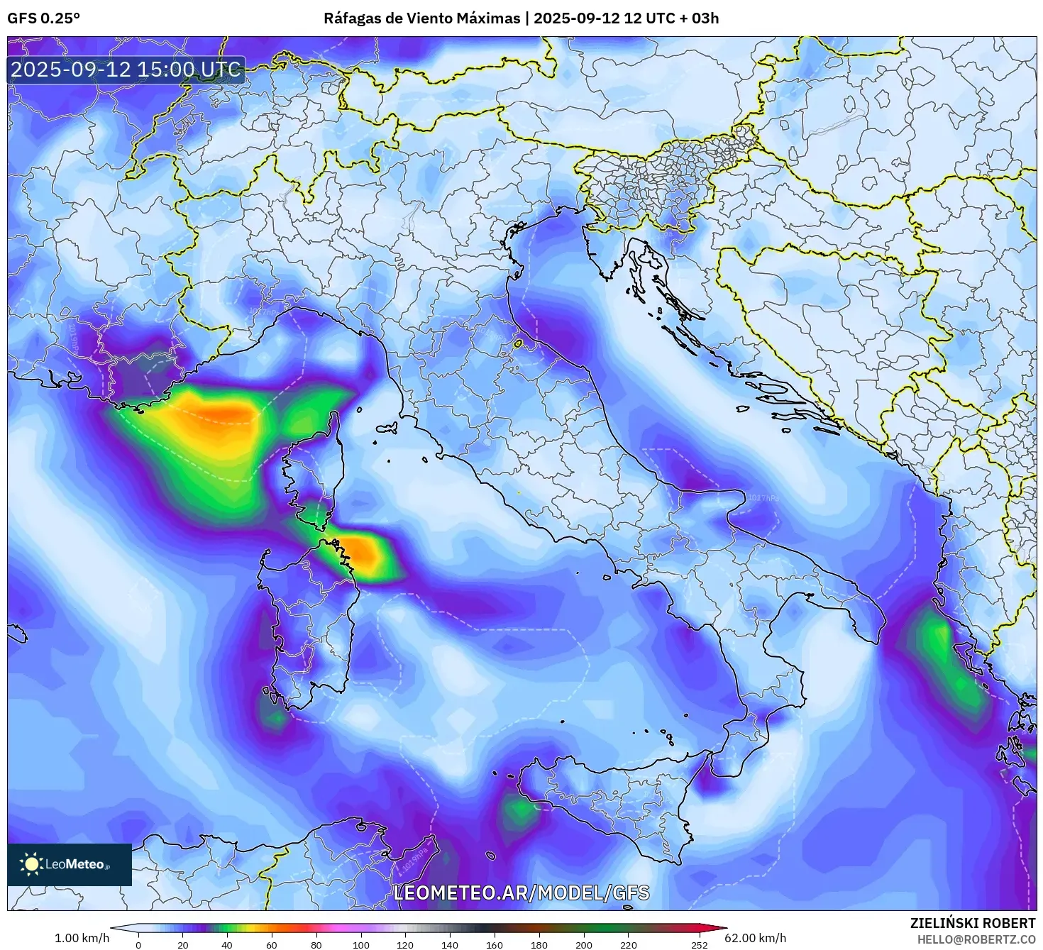 GFS model - Italia, Ráfagas de Viento Máximas GFS model - Italia, Ráfagas de Viento Máximas