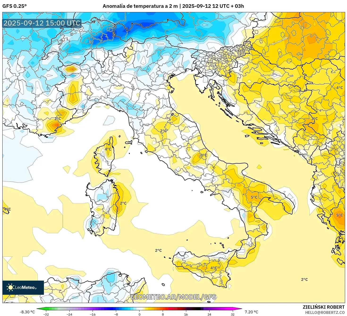 GFS model - Italia, Anomalía de temperatura a 2 m GFS model - Italia, Anomalía de temperatura a 2 m