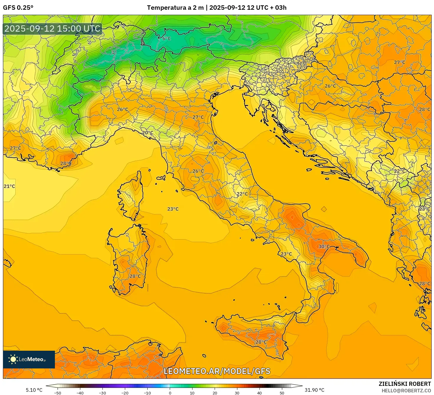 GFS model - Italia, Temperatura a 2 m GFS model - Italia, Temperatura a 2 m