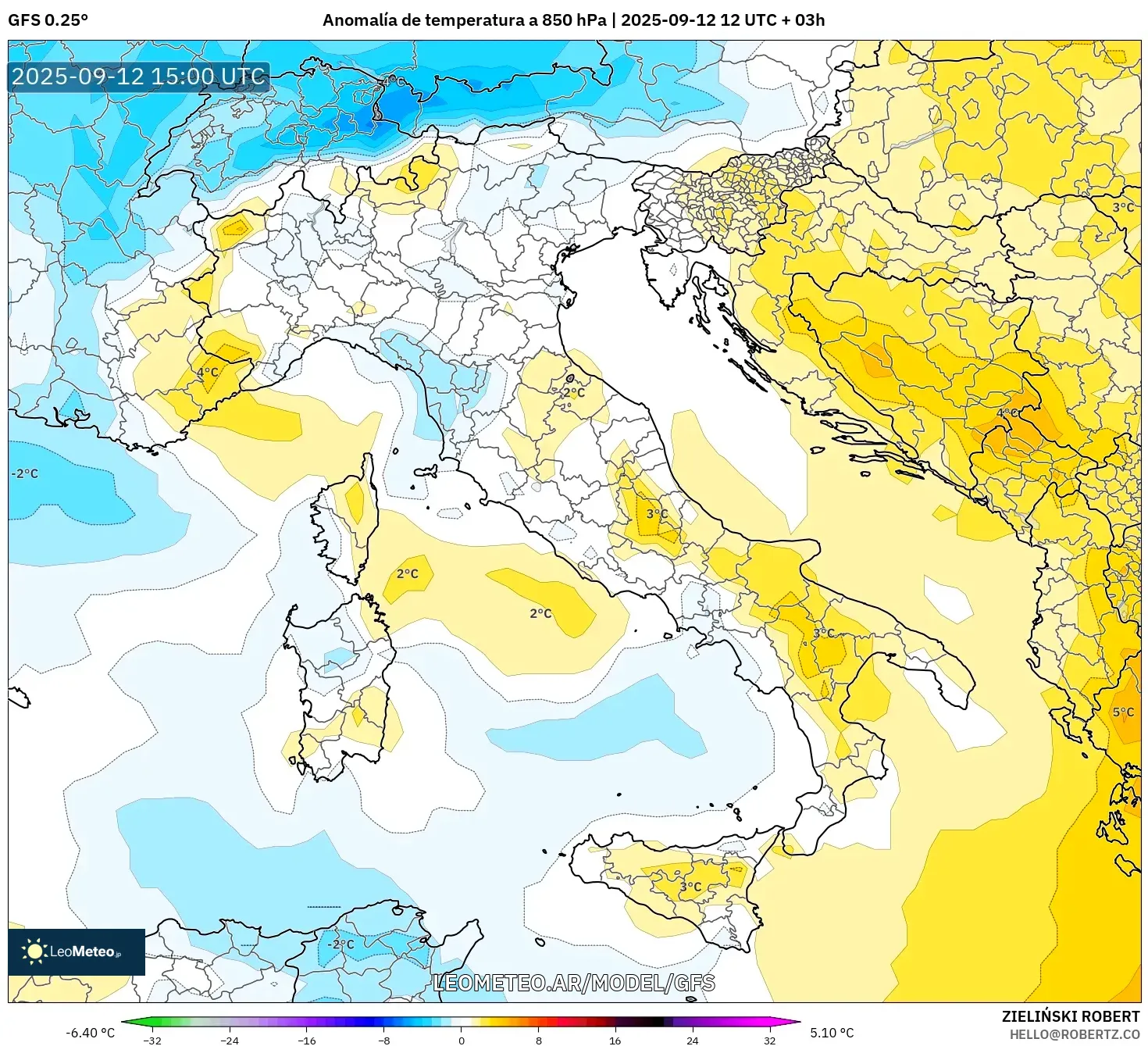 GFS model - Italia, Anomalía de temperatura a 850 hPa