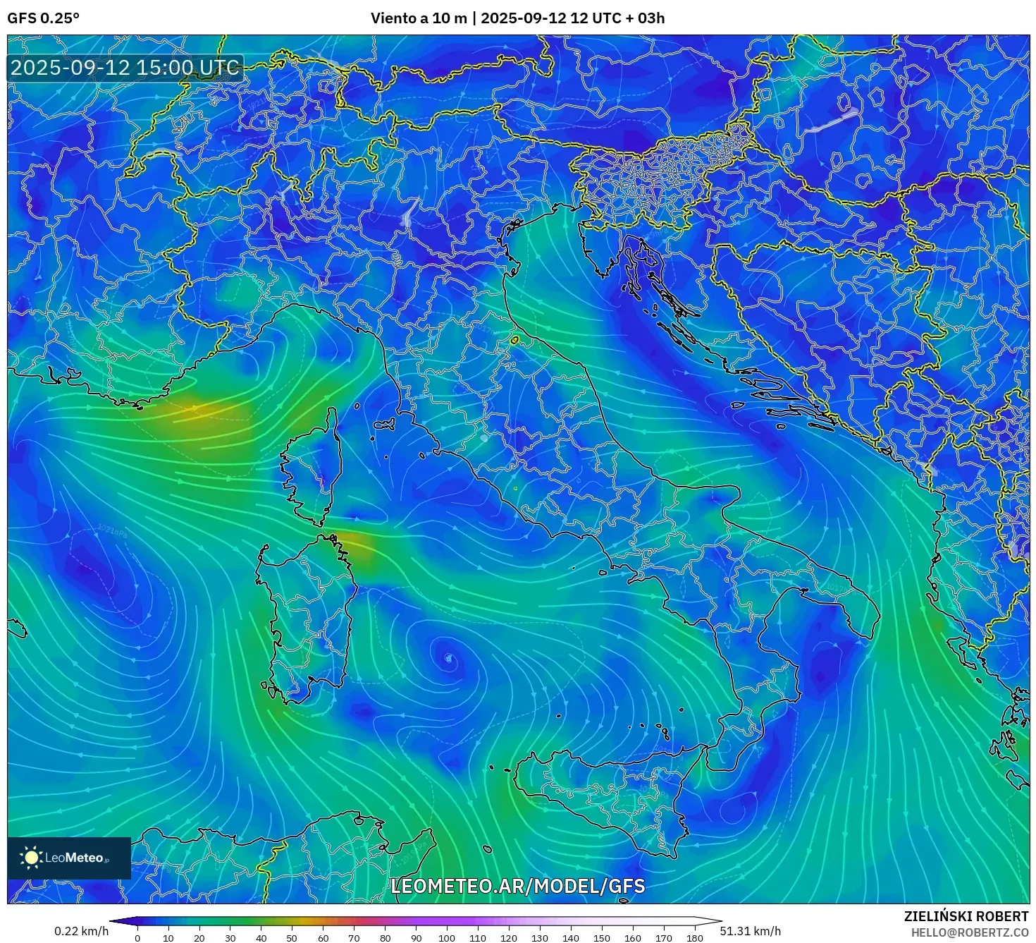 GFS model - Italia, Viento a 10 m GFS model - Italia, Viento a 10 m