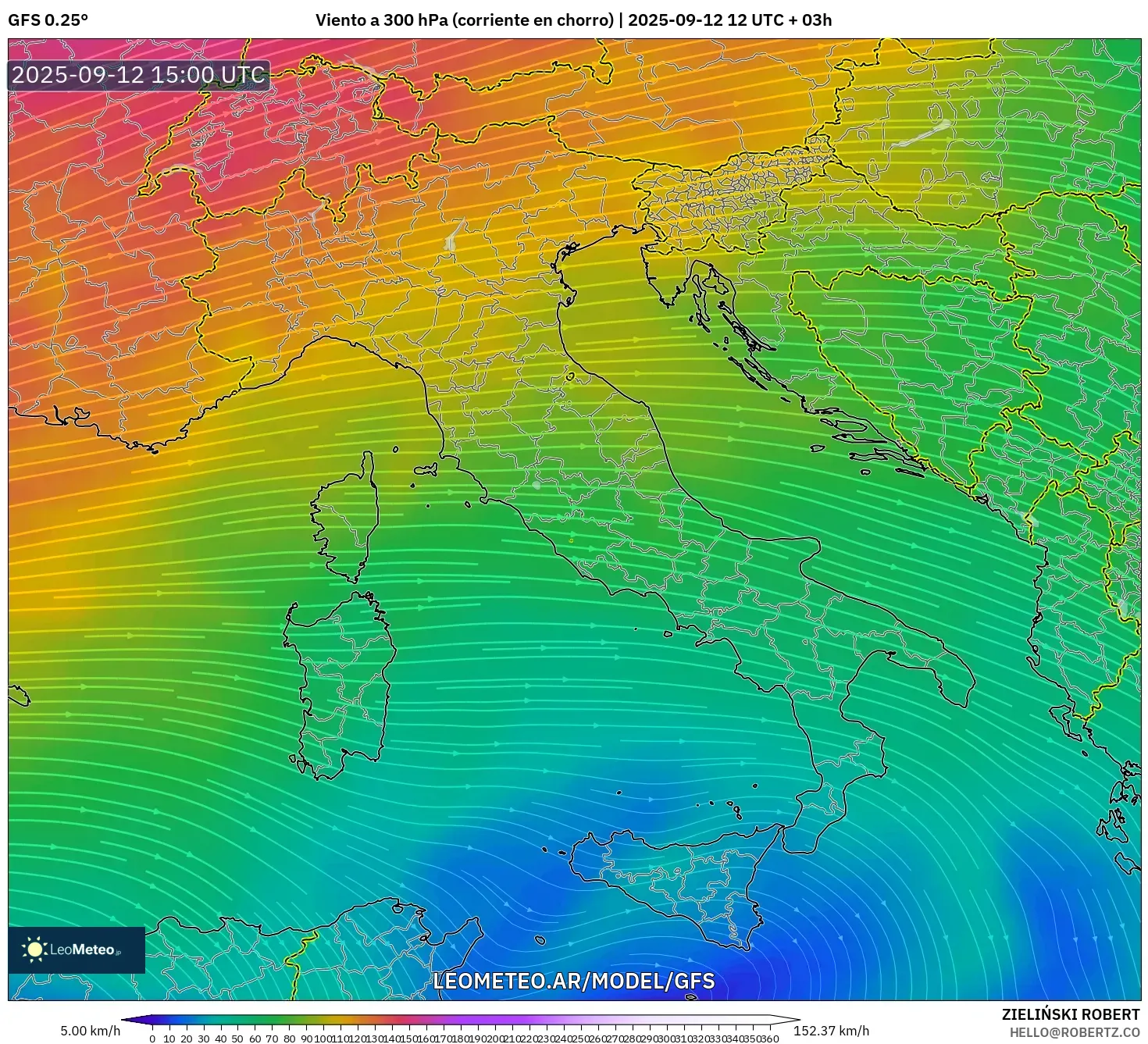 GFS model - Italia, Viento a 300 hPa (corriente en chorro)