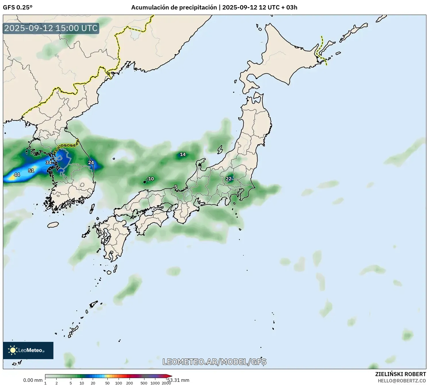GFS model - Japón, Acumulación de precipitación GFS model - Japón, Acumulación de precipitación