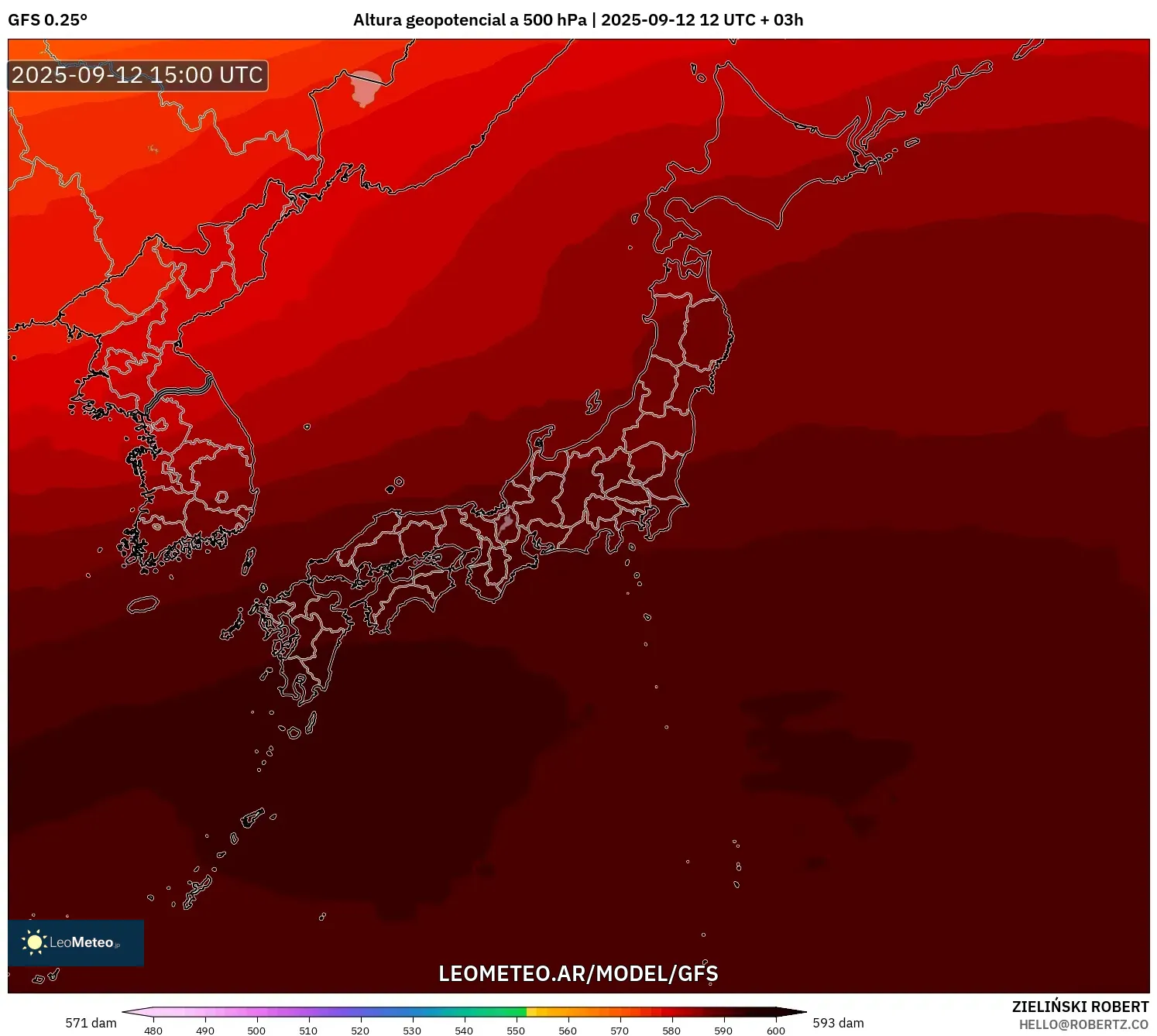 GFS model - Japón, Altura geopotencial a 500 hPa