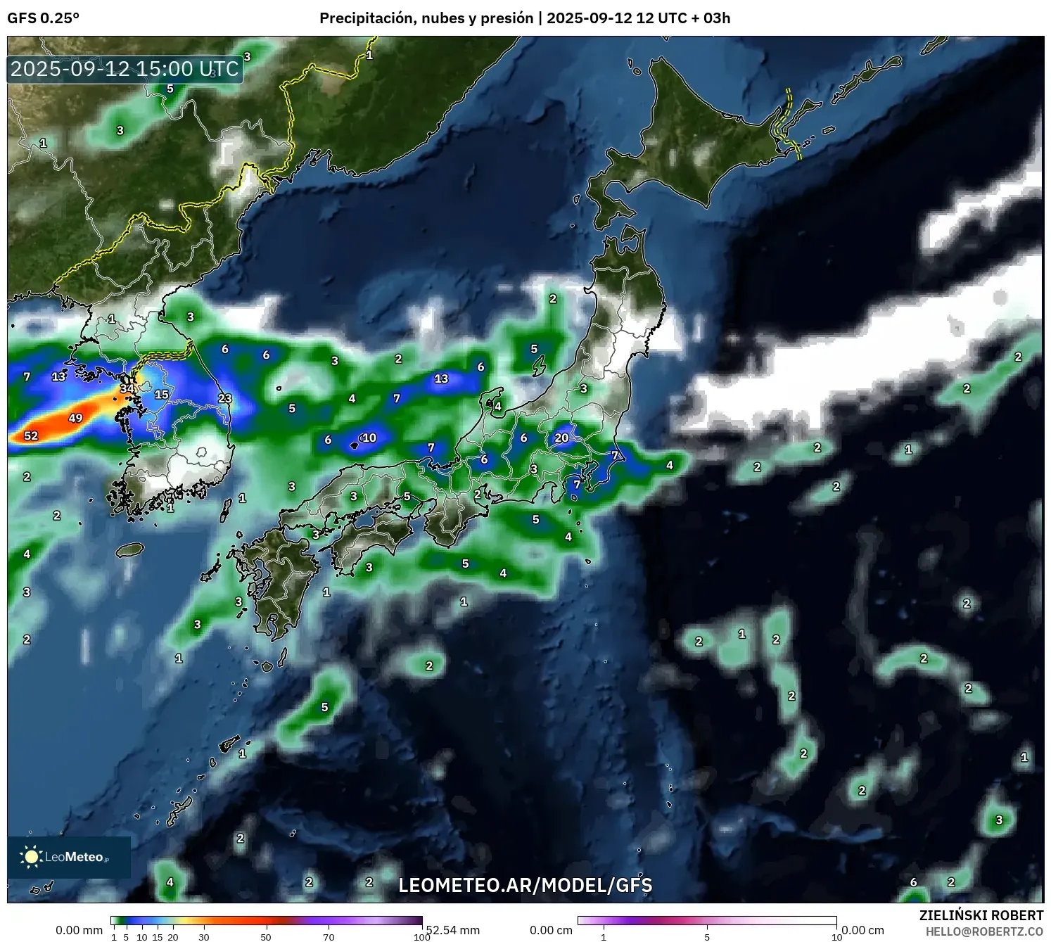 GFS model - Japón, Precipitación, nubes y presión