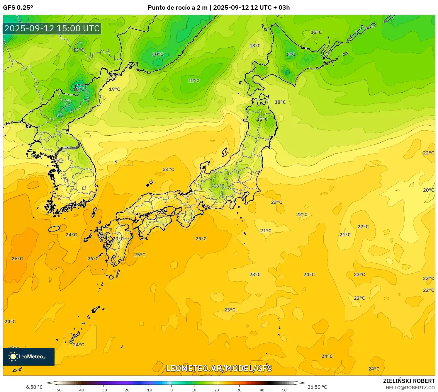GFS model - Japón, Punto de rocío a 2 m GFS model - Japón, Punto de rocío a 2 m