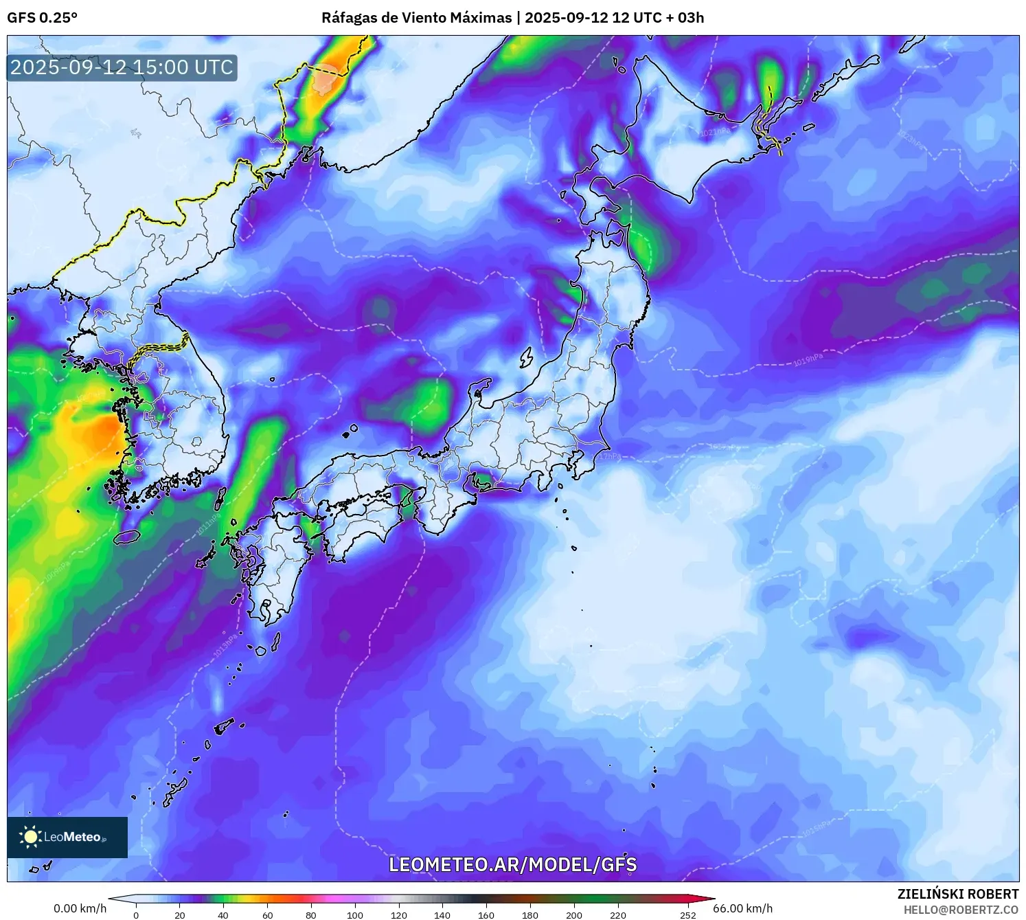 GFS model - Japón, Ráfagas de Viento Máximas GFS model - Japón, Ráfagas de Viento Máximas