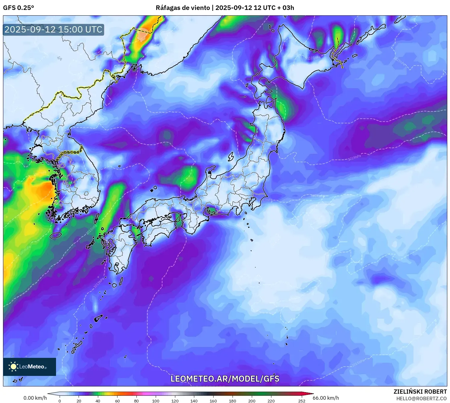 GFS model - Japón, Ráfagas de viento GFS model - Japón, Ráfagas de viento