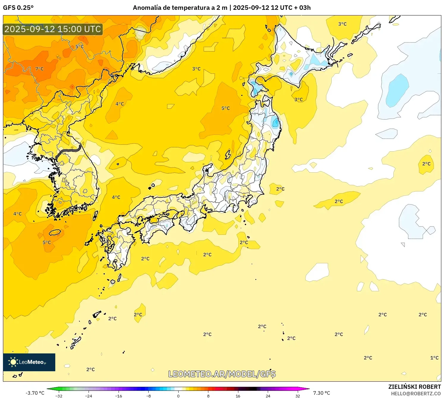 GFS model - Japón, Anomalía de temperatura a 2 m GFS model - Japón, Anomalía de temperatura a 2 m