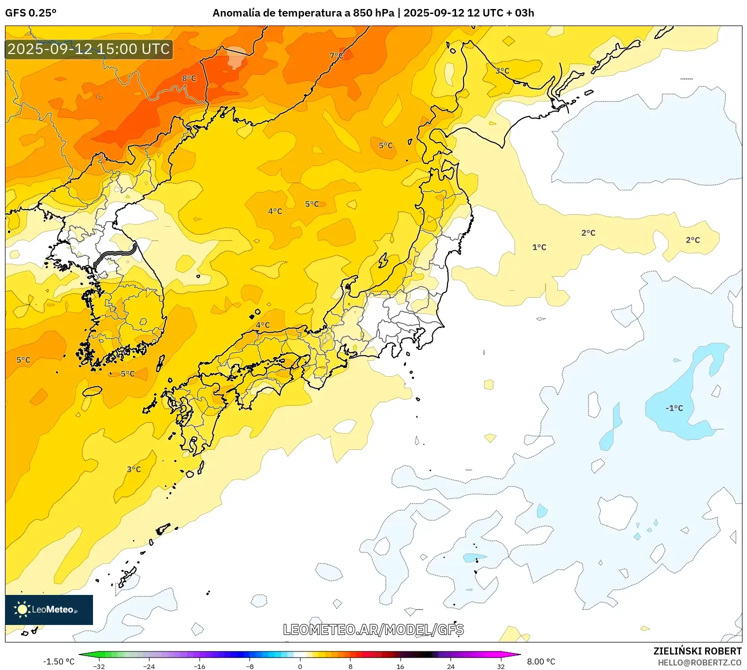 GFS model - Japón, Anomalía de temperatura a 850 hPa GFS model - Japón, Anomalía de temperatura a 850 hPa