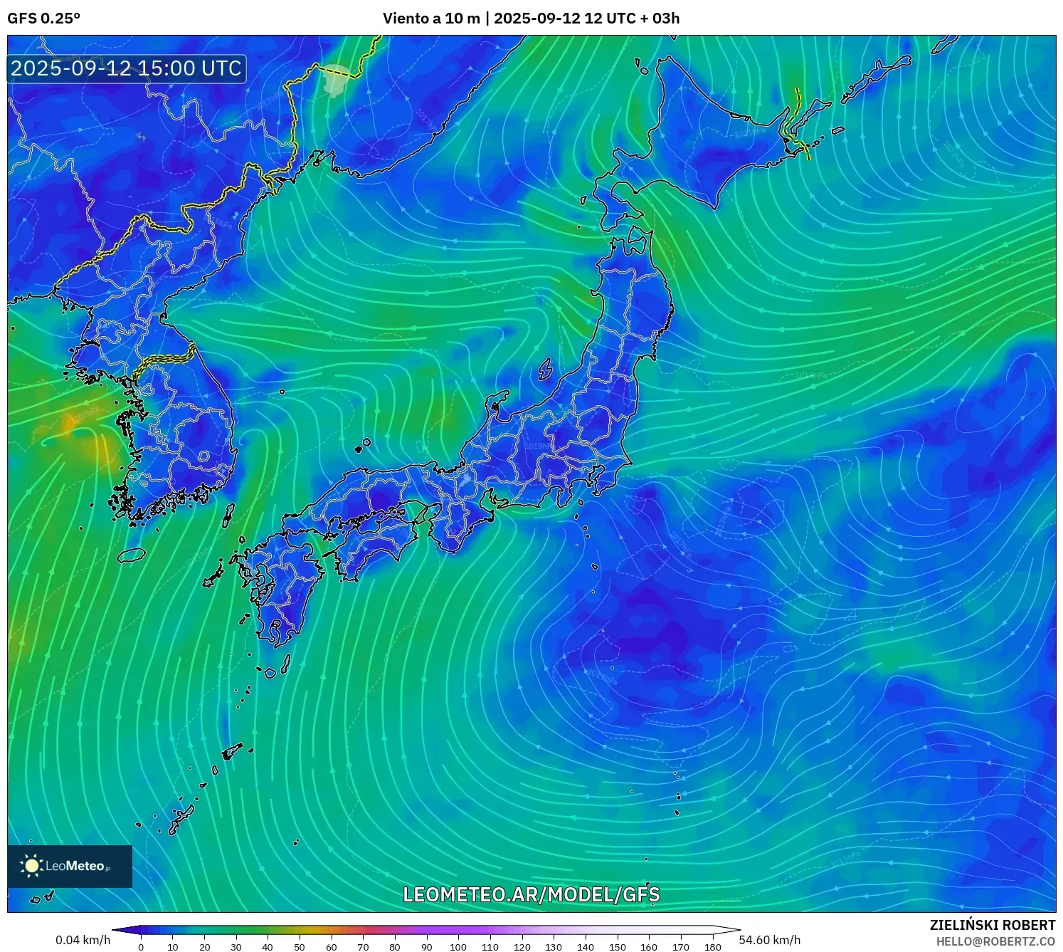 GFS model - Japón, Viento a 10 m