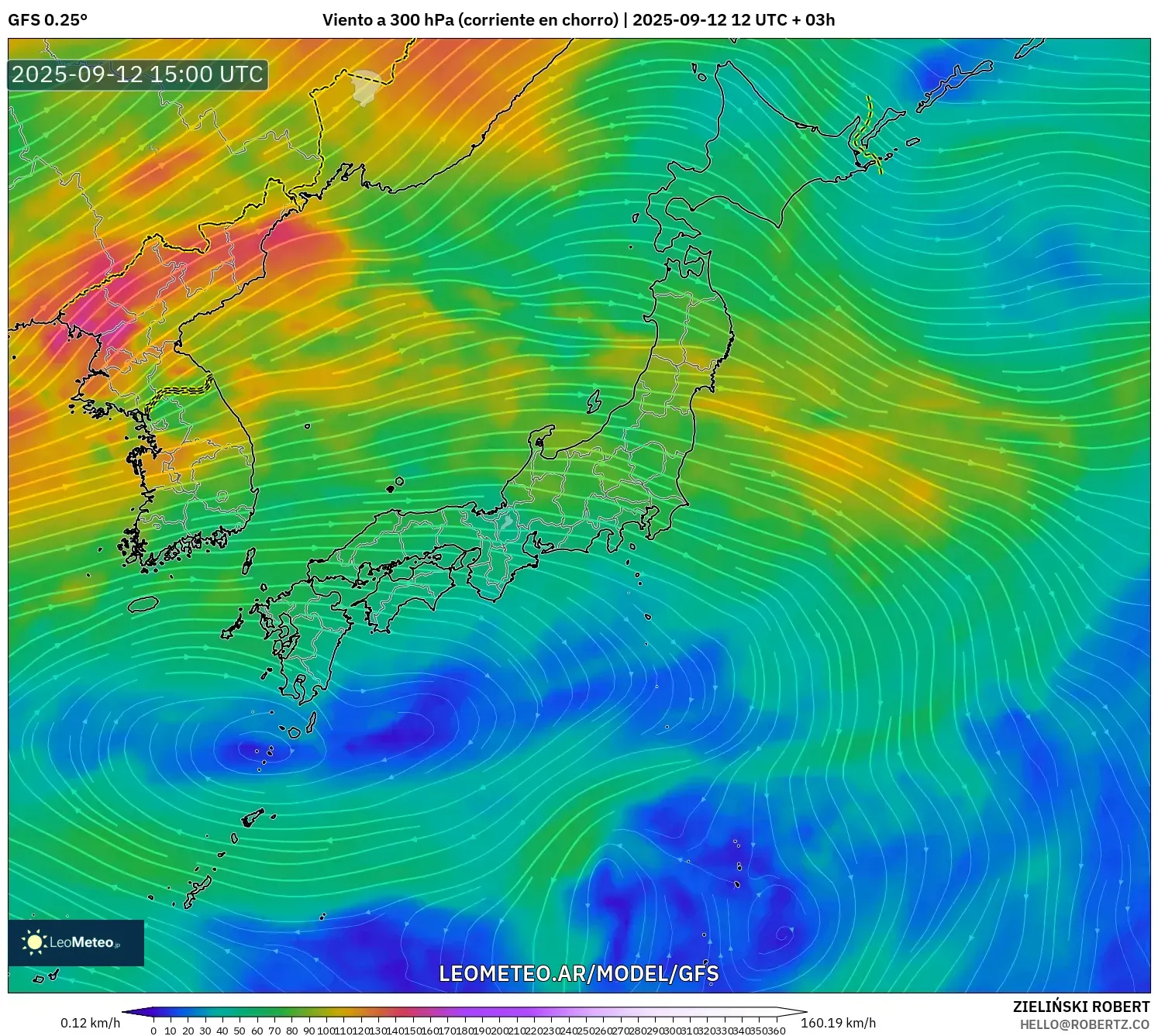 GFS model - Japón, Viento a 300 hPa (corriente en chorro)
