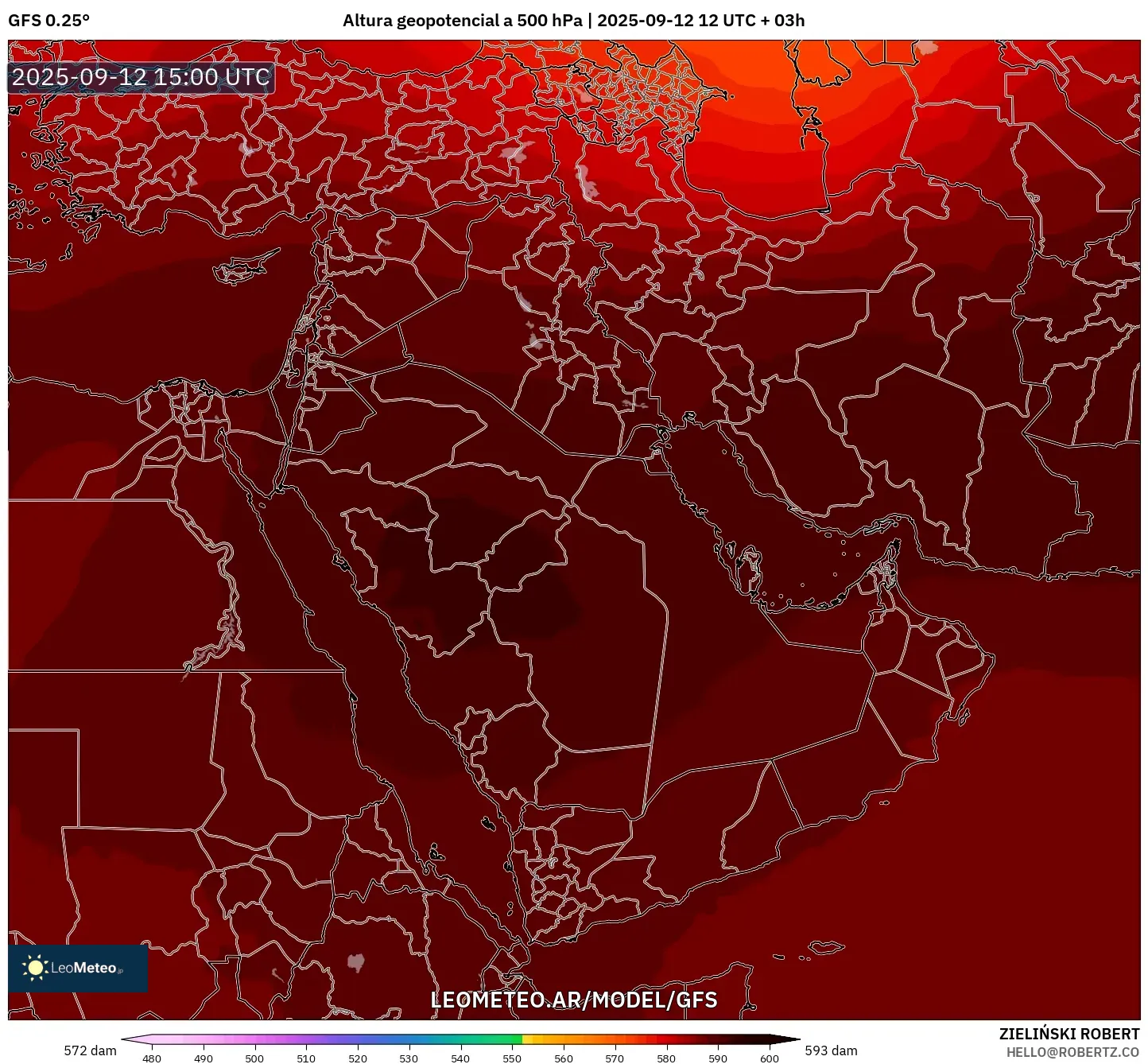 GFS model - Oriente Medio, Altura geopotencial a 500 hPa