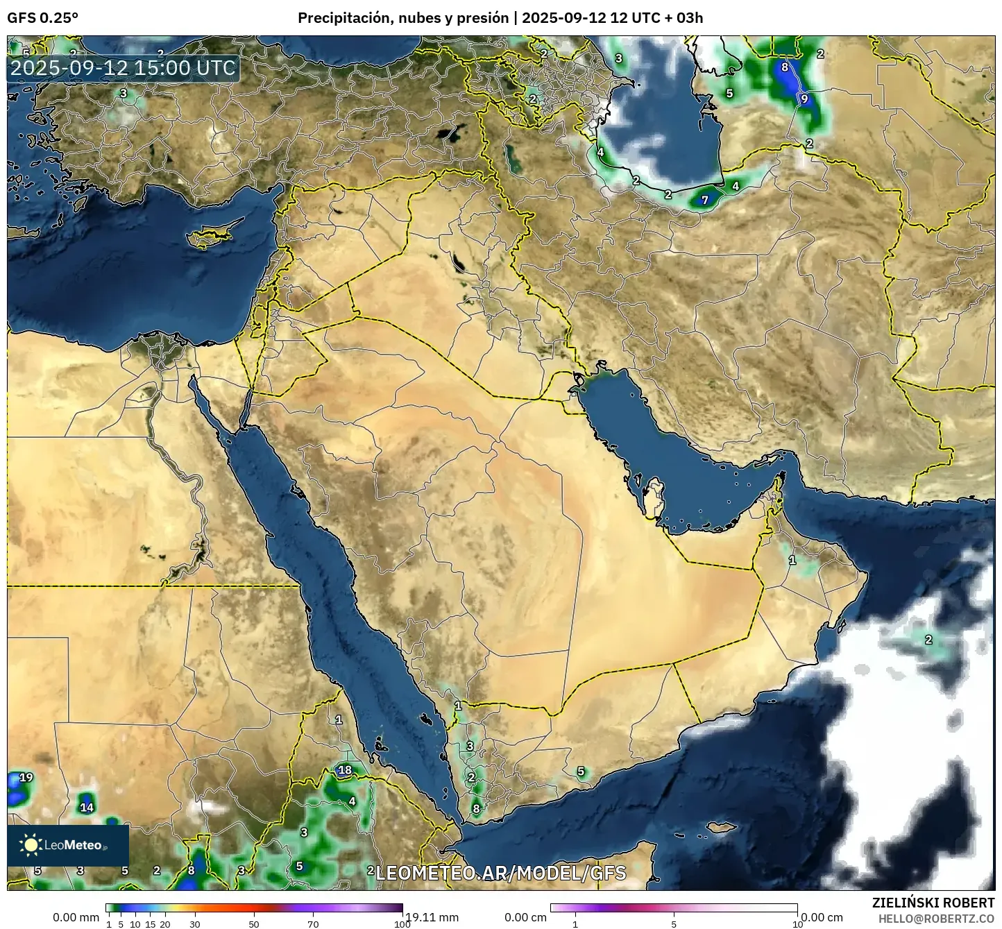 GFS model - Oriente Medio, Precipitación, nubes y presión GFS model - Oriente Medio, Precipitación, nubes y presión