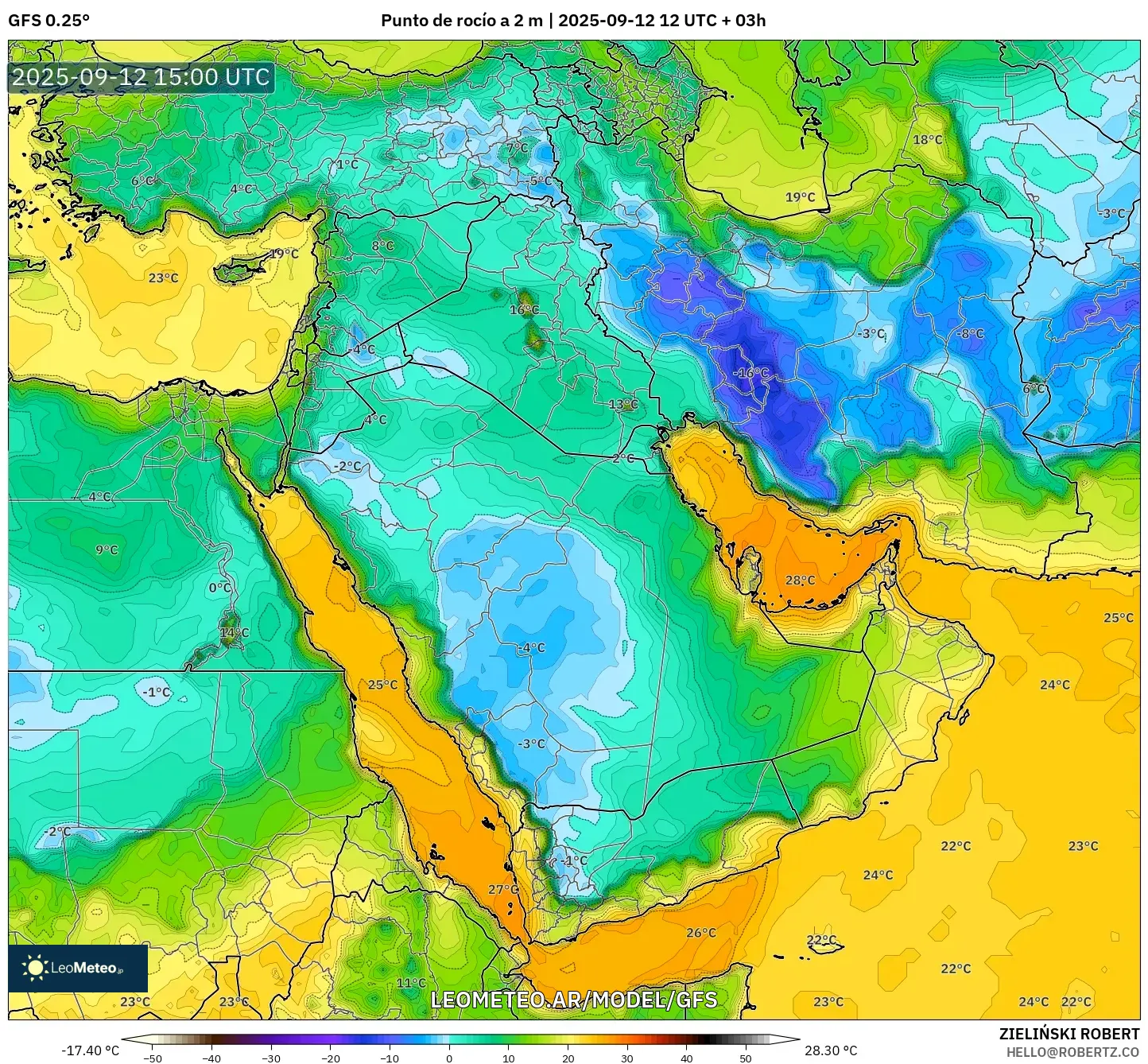 GFS model - Oriente Medio, Punto de rocío a 2 m GFS model - Oriente Medio, Punto de rocío a 2 m