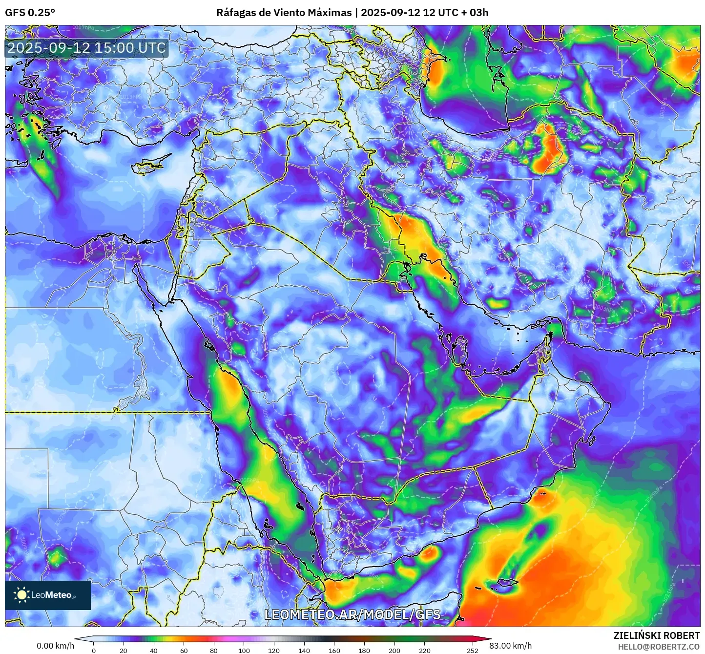 GFS model - Oriente Medio, Ráfagas de Viento Máximas