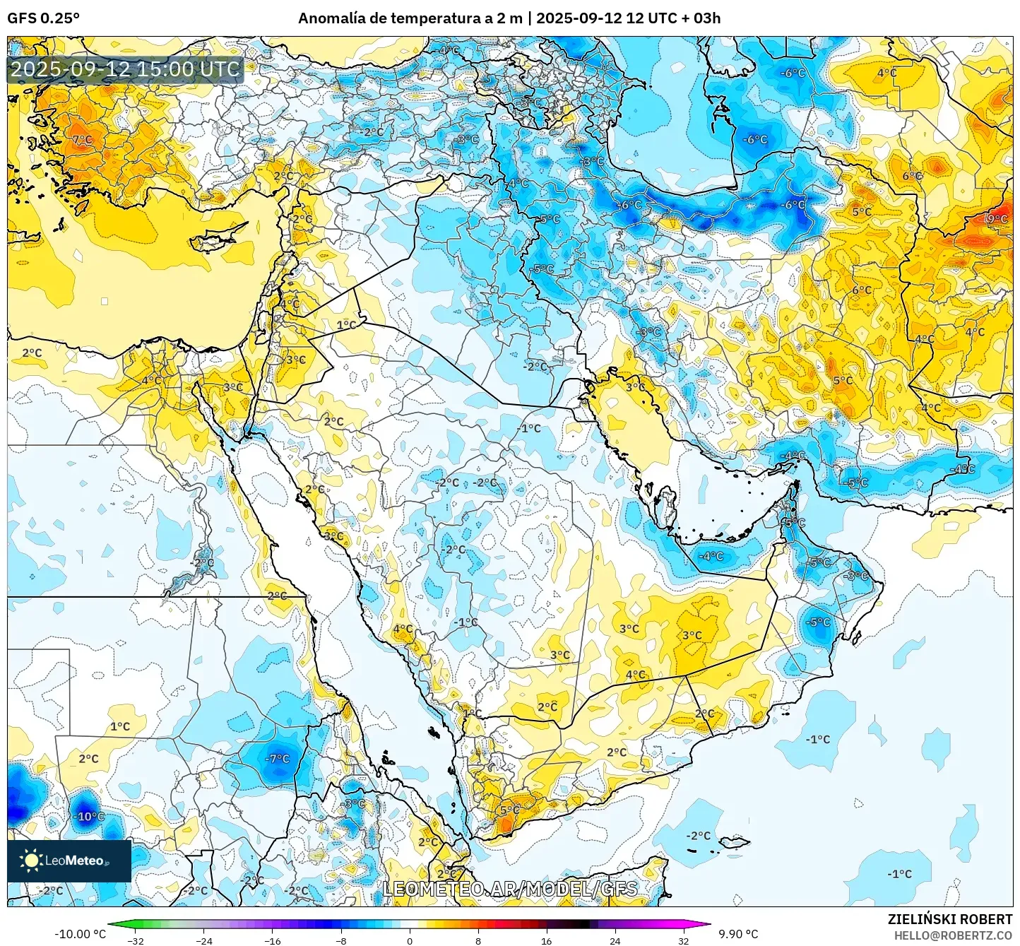 GFS model - Oriente Medio, Anomalía de temperatura a 2 m GFS model - Oriente Medio, Anomalía de temperatura a 2 m