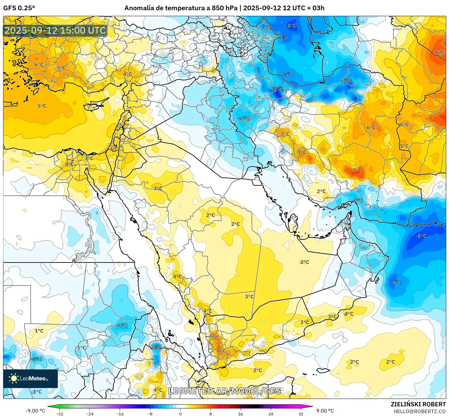 GFS model - Oriente Medio, Anomalía de temperatura a 850 hPa GFS model - Oriente Medio, Anomalía de temperatura a 850 hPa