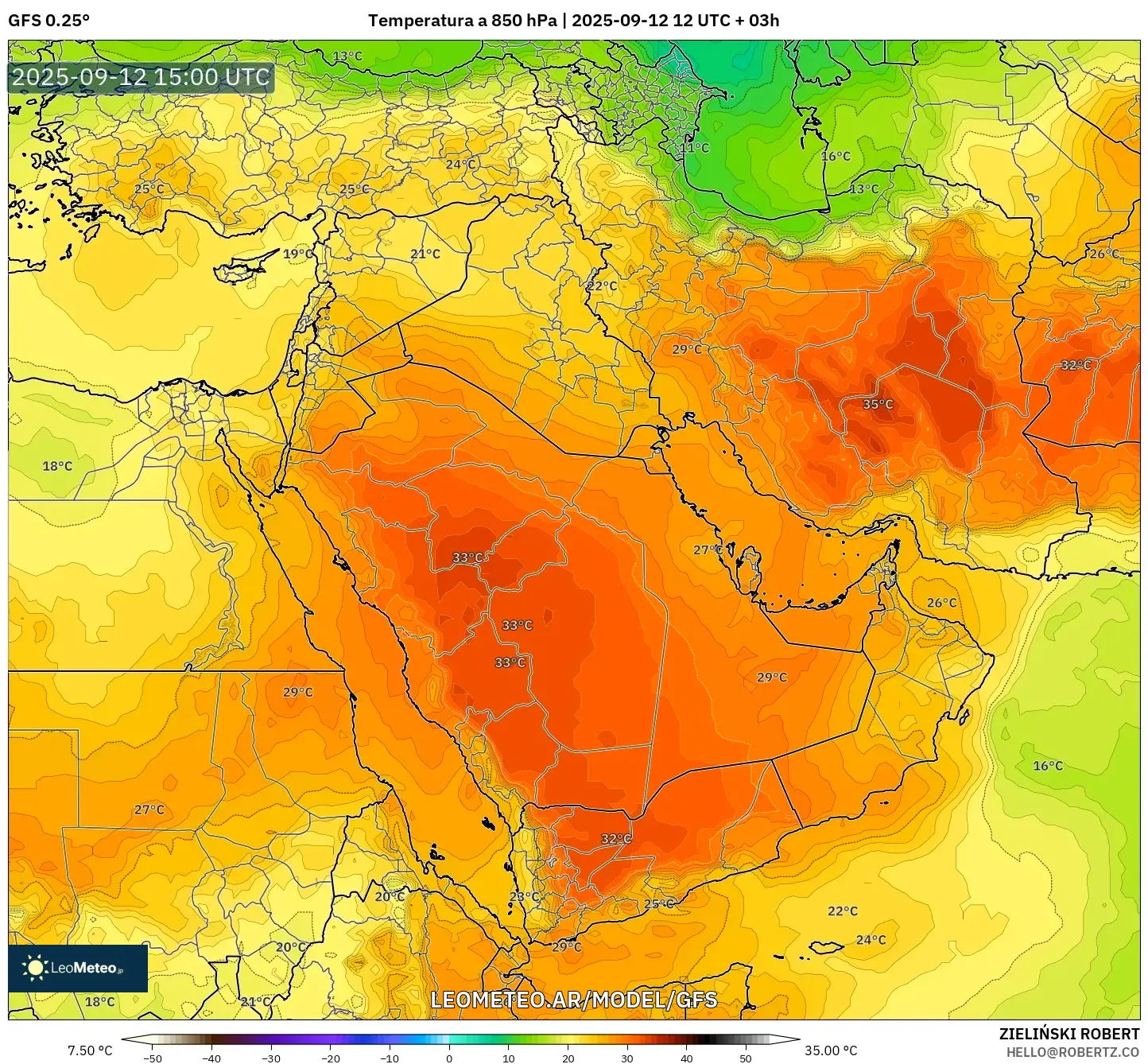 GFS model - Oriente Medio, Temperatura a 850 hPa