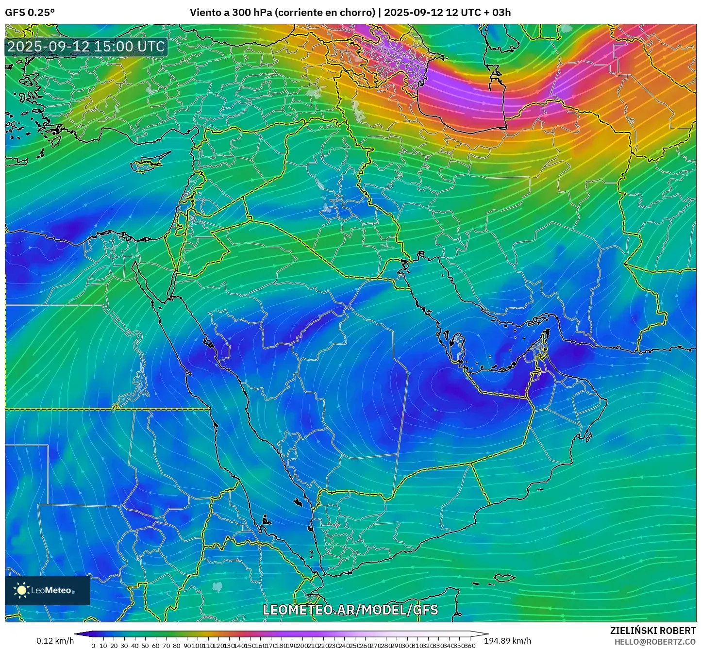 GFS model - Oriente Medio, Viento a 300 hPa (corriente en chorro)