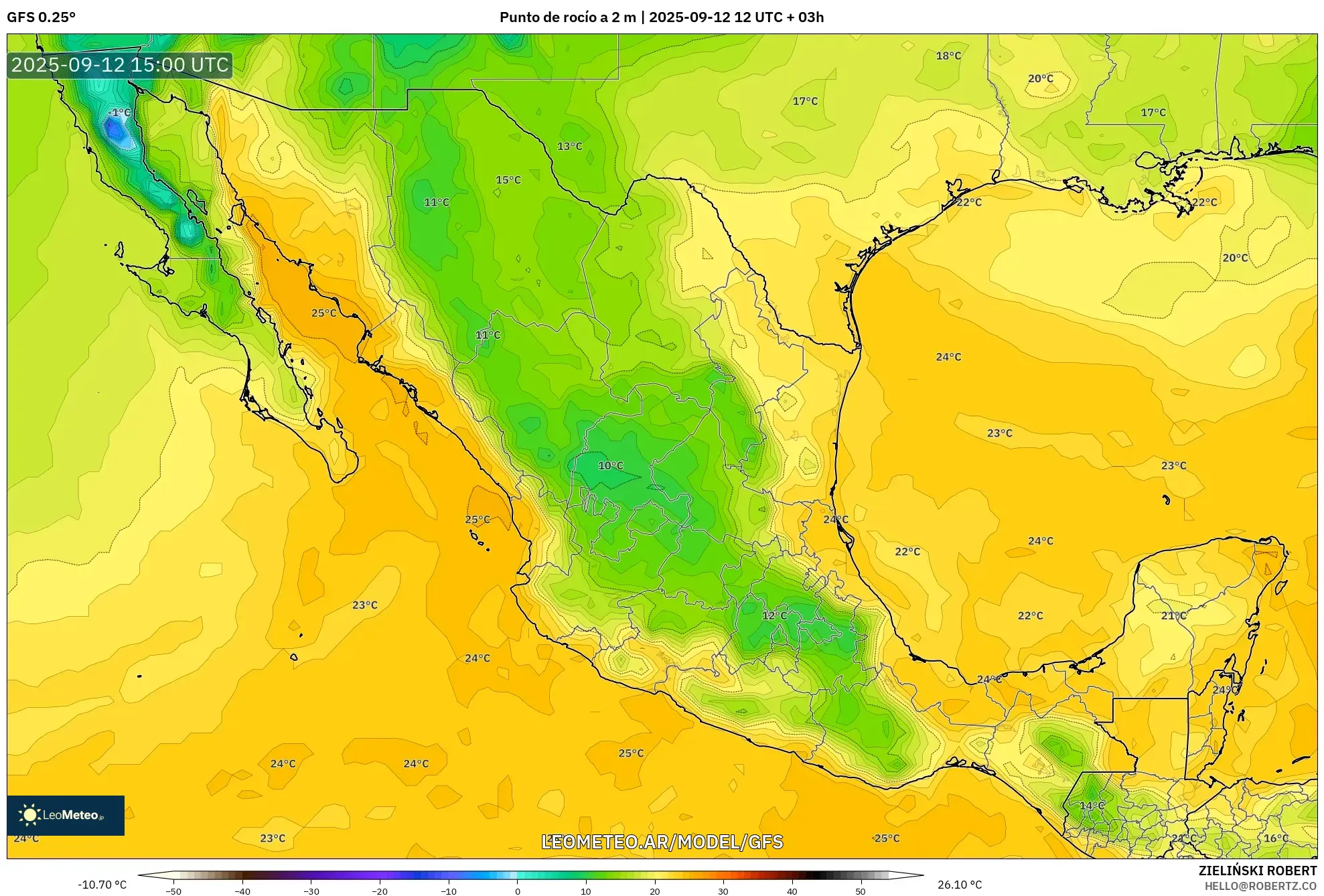 GFS model - México, Punto de rocío a 2 m